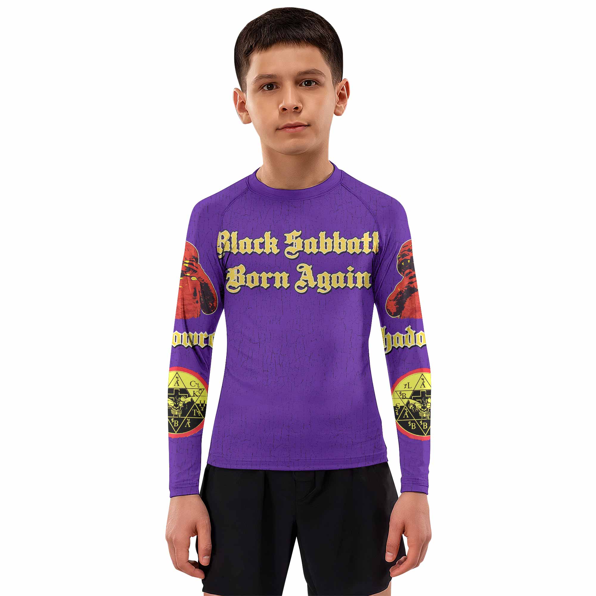 Born Again Black Sabbath Kids Rash Guard Long Sleeve - boy's lifestyle view
