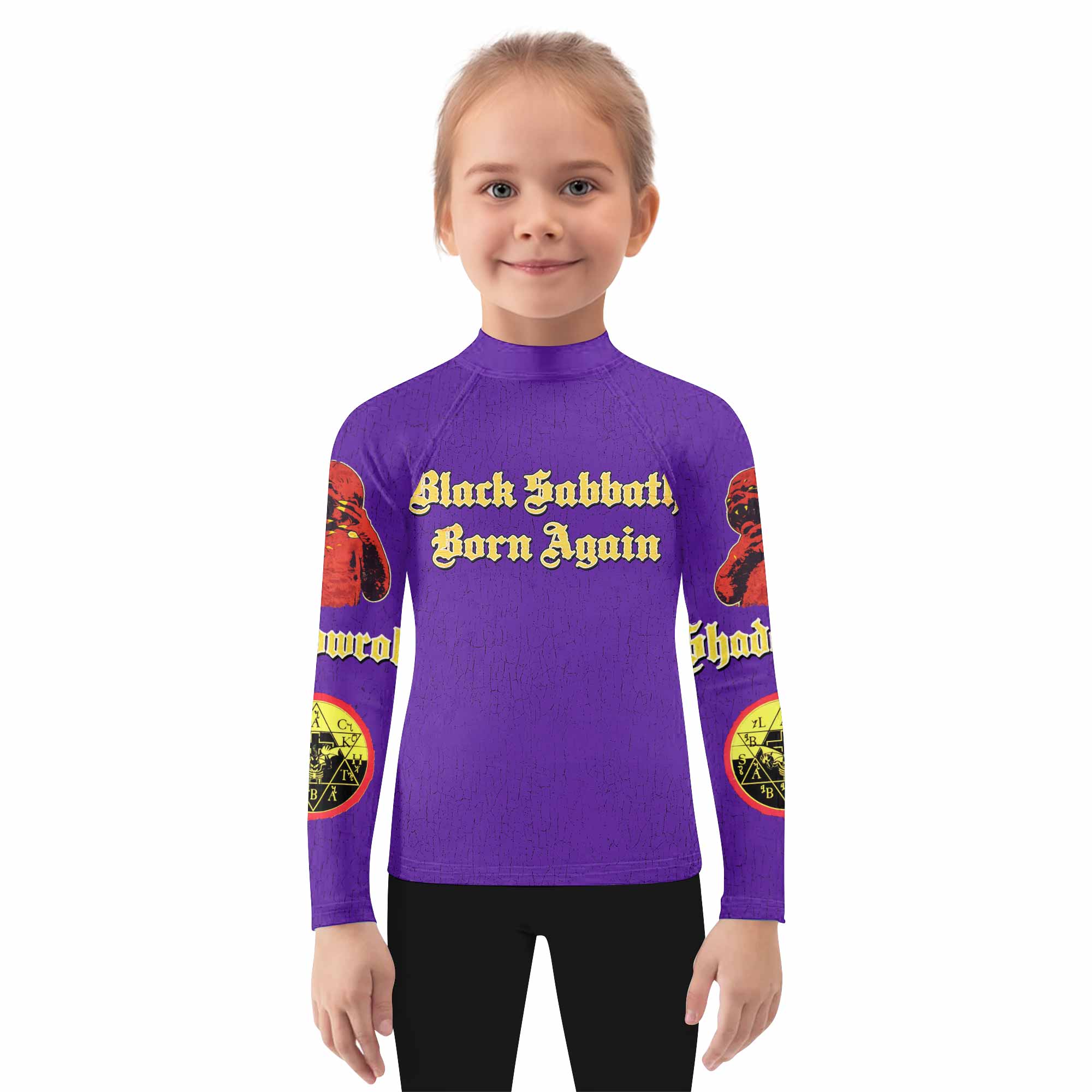 Born Again Black Sabbath Kids Rash Guard Long Sleeve - girl's lifestyle view