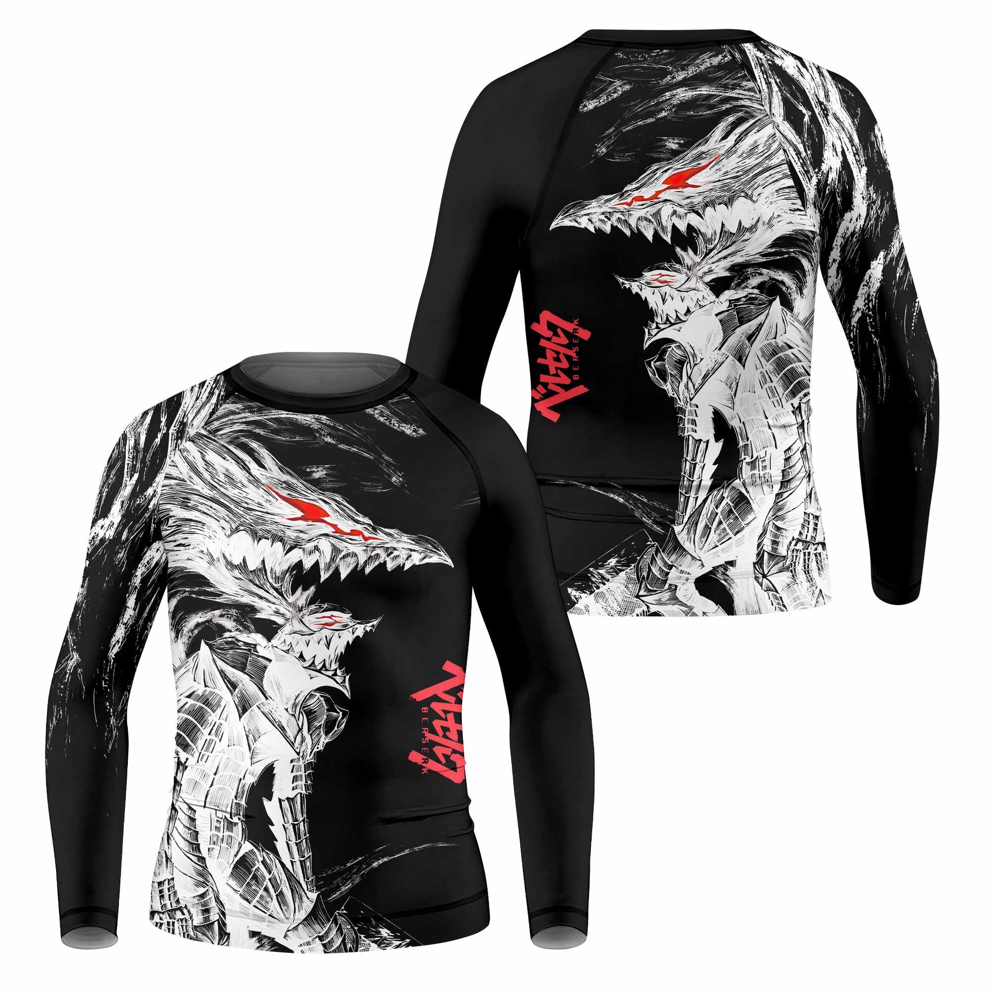 Berserk Guts Berserker Armor Kids Rash Guard Long Sleeve - front and back view