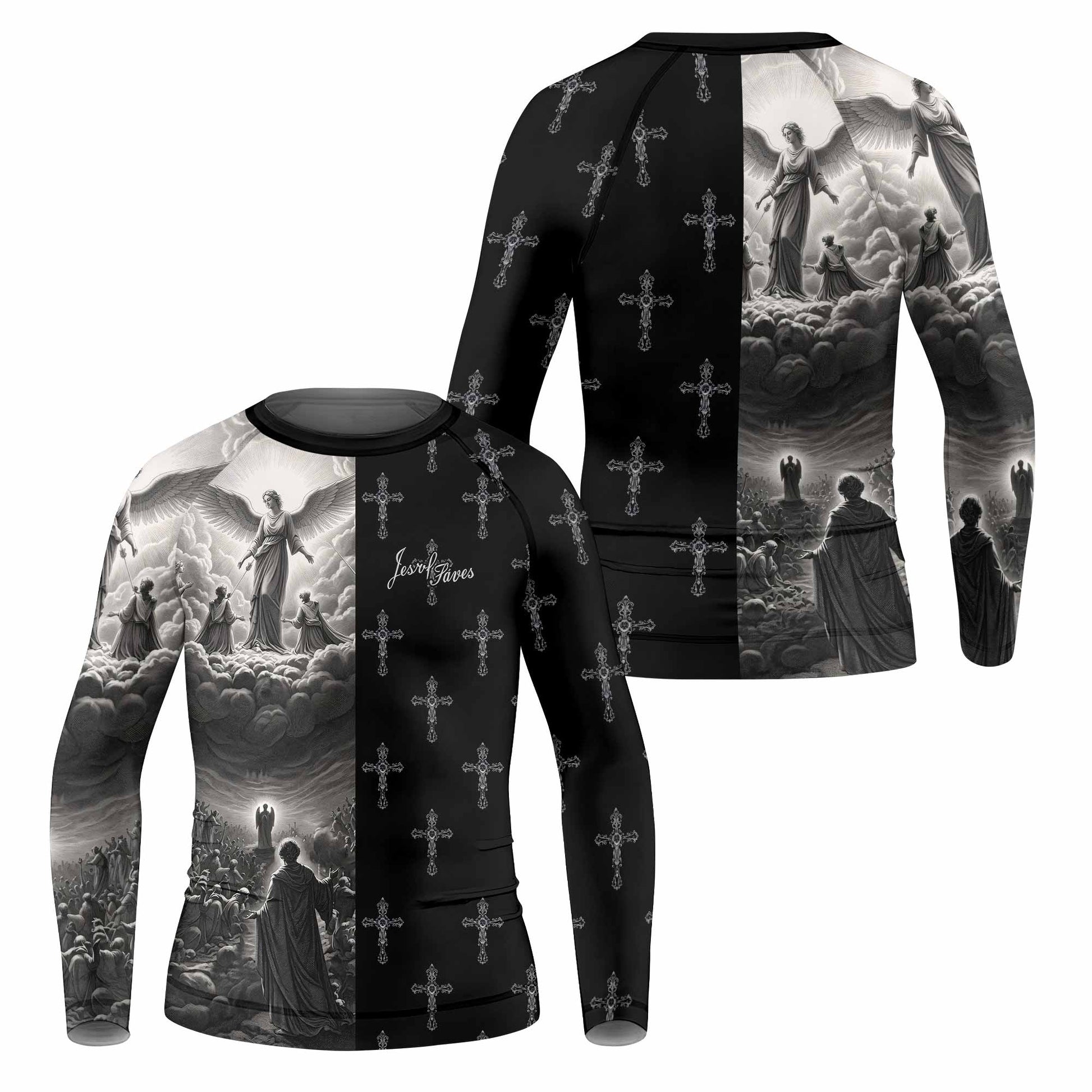 Jesus Saves Angel Ascension Kids Rash Guard Long Sleeve - front and back view