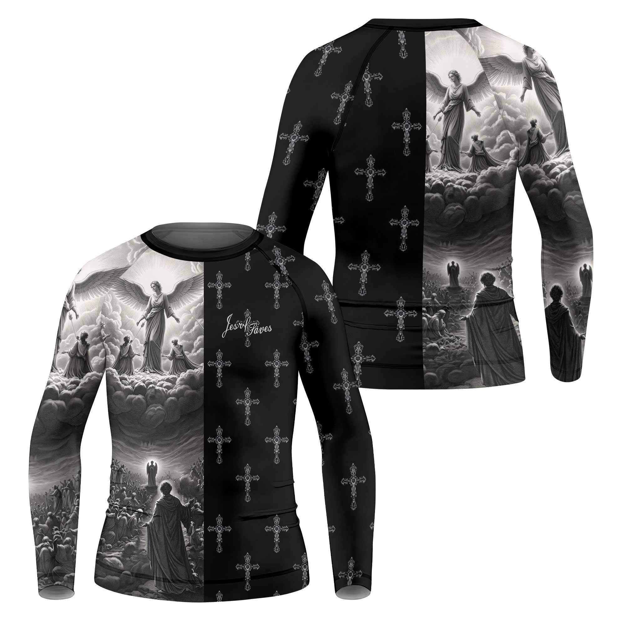 Jesus Saves Angel Ascension Kids Rash Guard Long Sleeve - front and back view