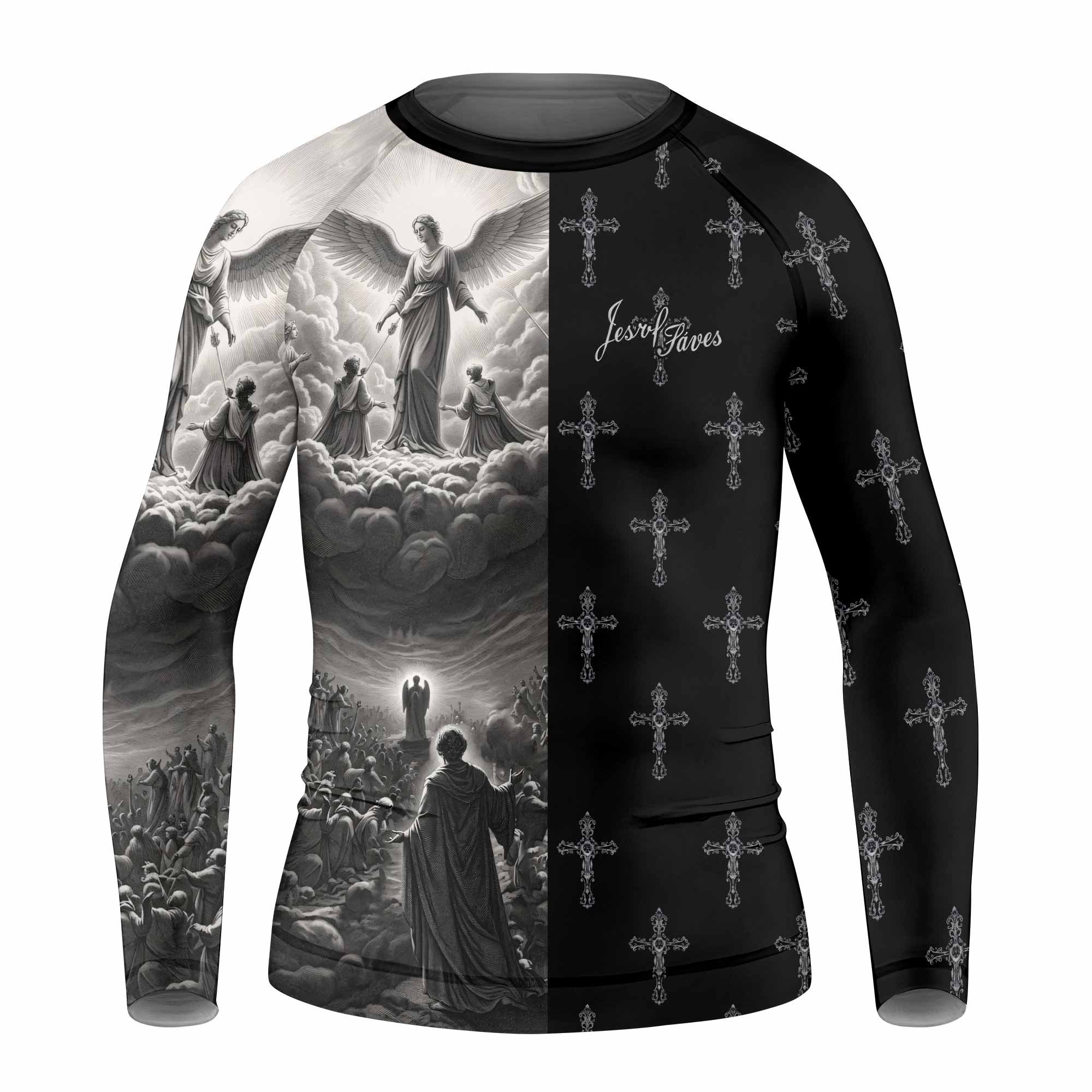 Jesus Saves Angel Ascension Kids Rash Guard Long Sleeve - front view mockup