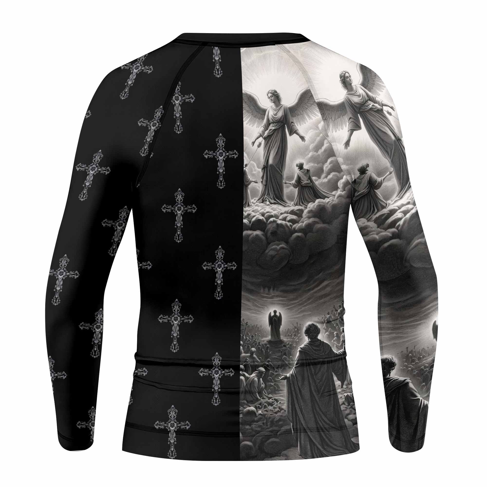 Jesus Saves Angel Ascension Kids Rash Guard Long Sleeve - back view mockup