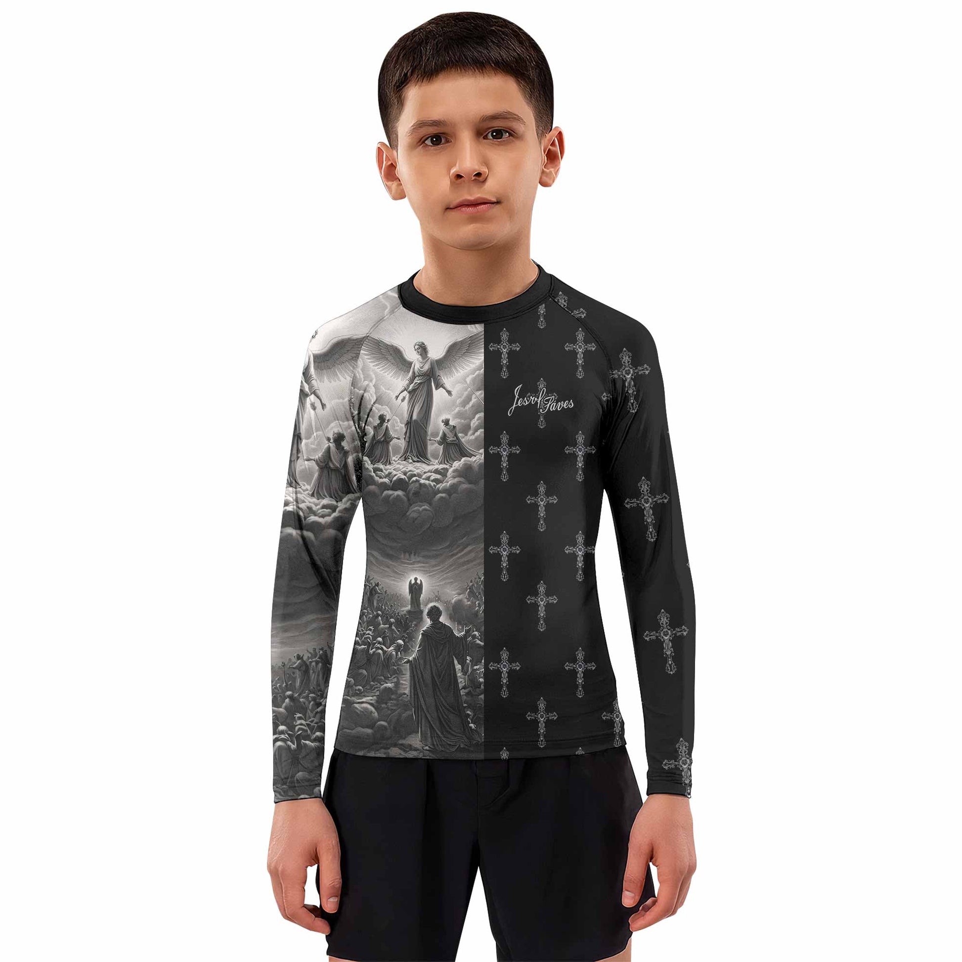 Jesus Saves Angel Ascension Kids Rash Guard Long Sleeve - boy's lifestyle view