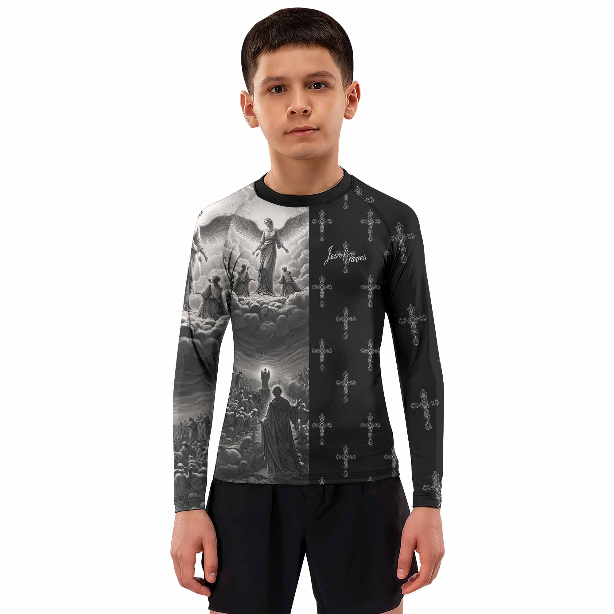 Jesus Saves Angel Ascension Kids Rash Guard Long Sleeve - boy's lifestyle view