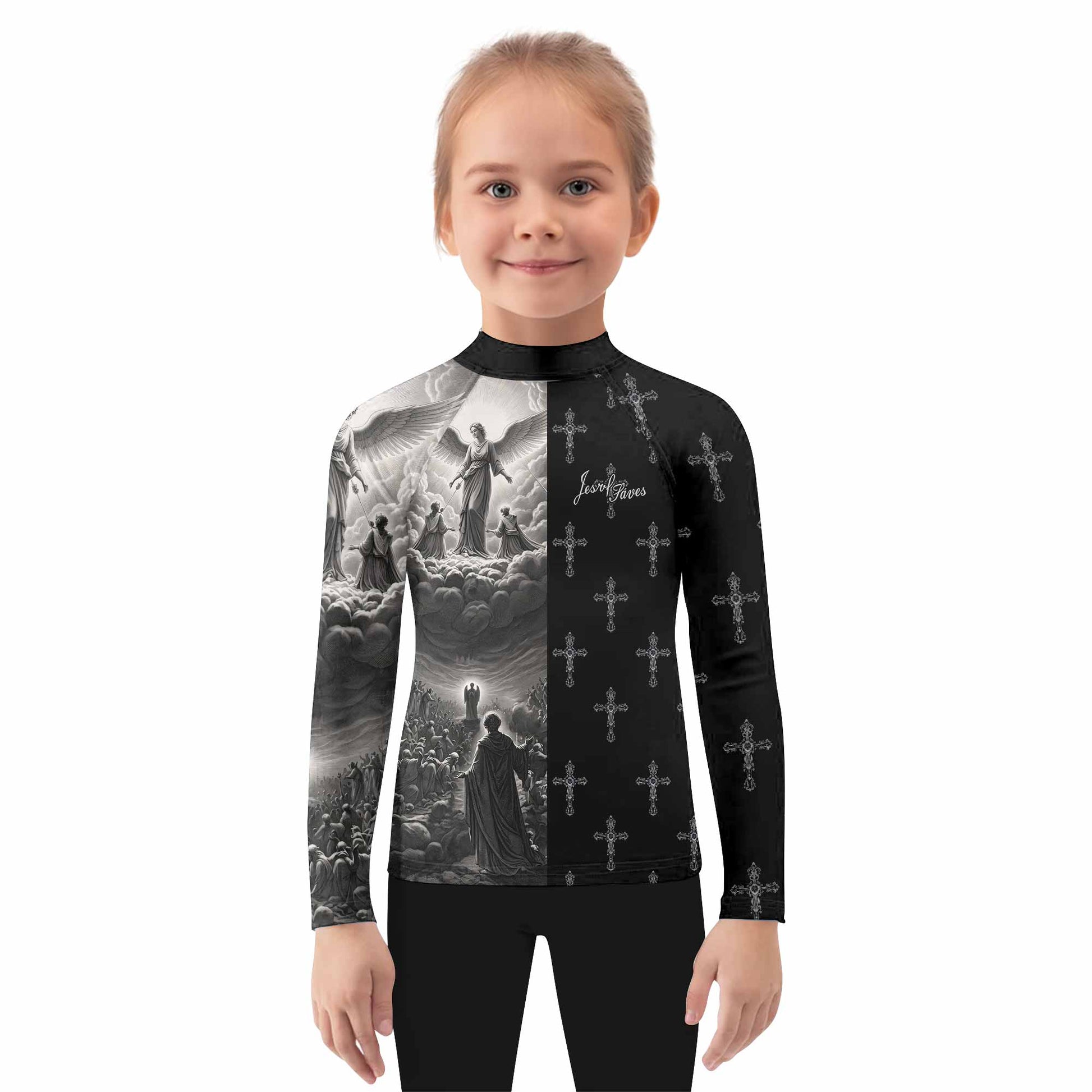 Jesus Saves Angel Ascension Kids Rash Guard Long Sleeve - girl's lifestyle view