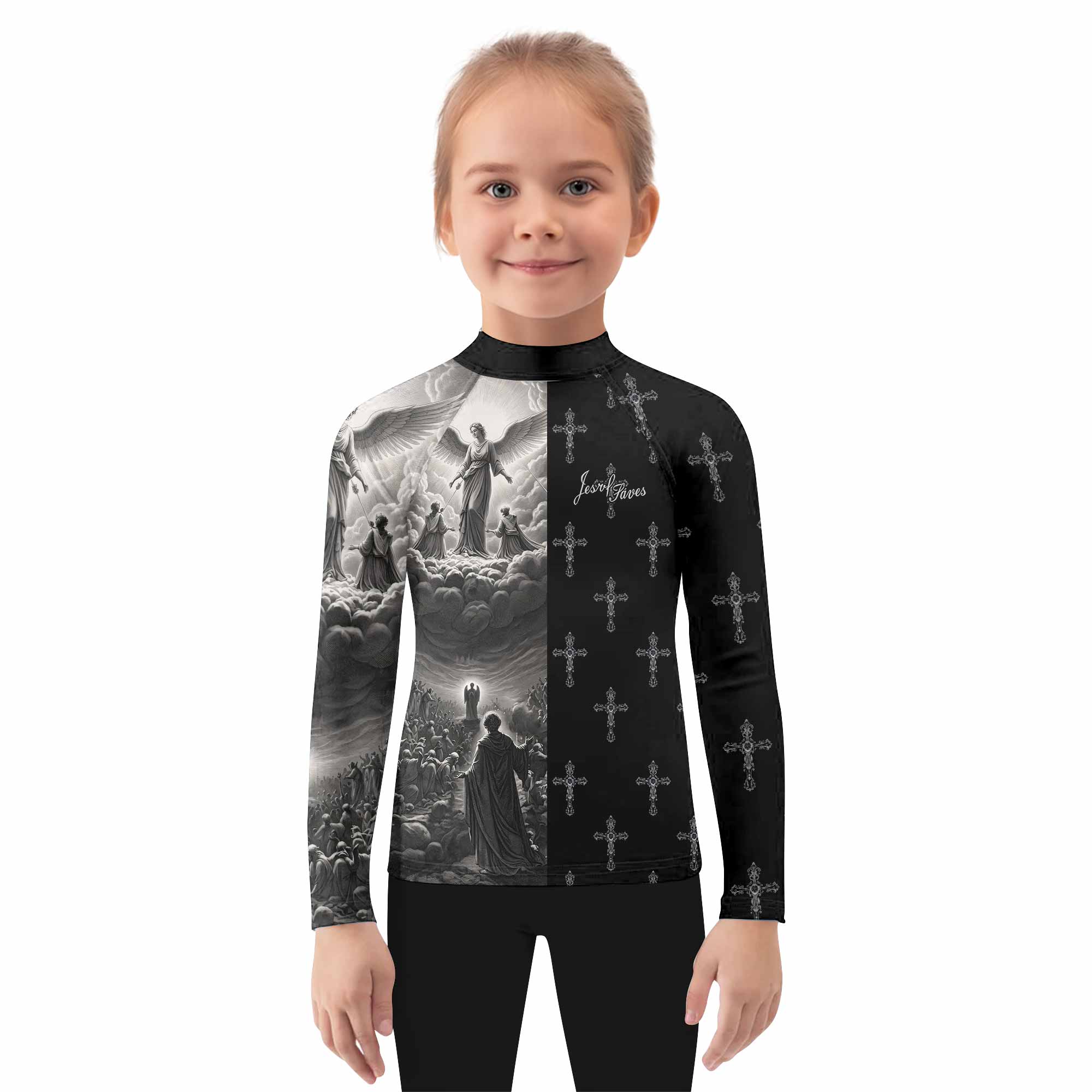 Jesus Saves Angel Ascension Kids Rash Guard Long Sleeve - girl's lifestyle view