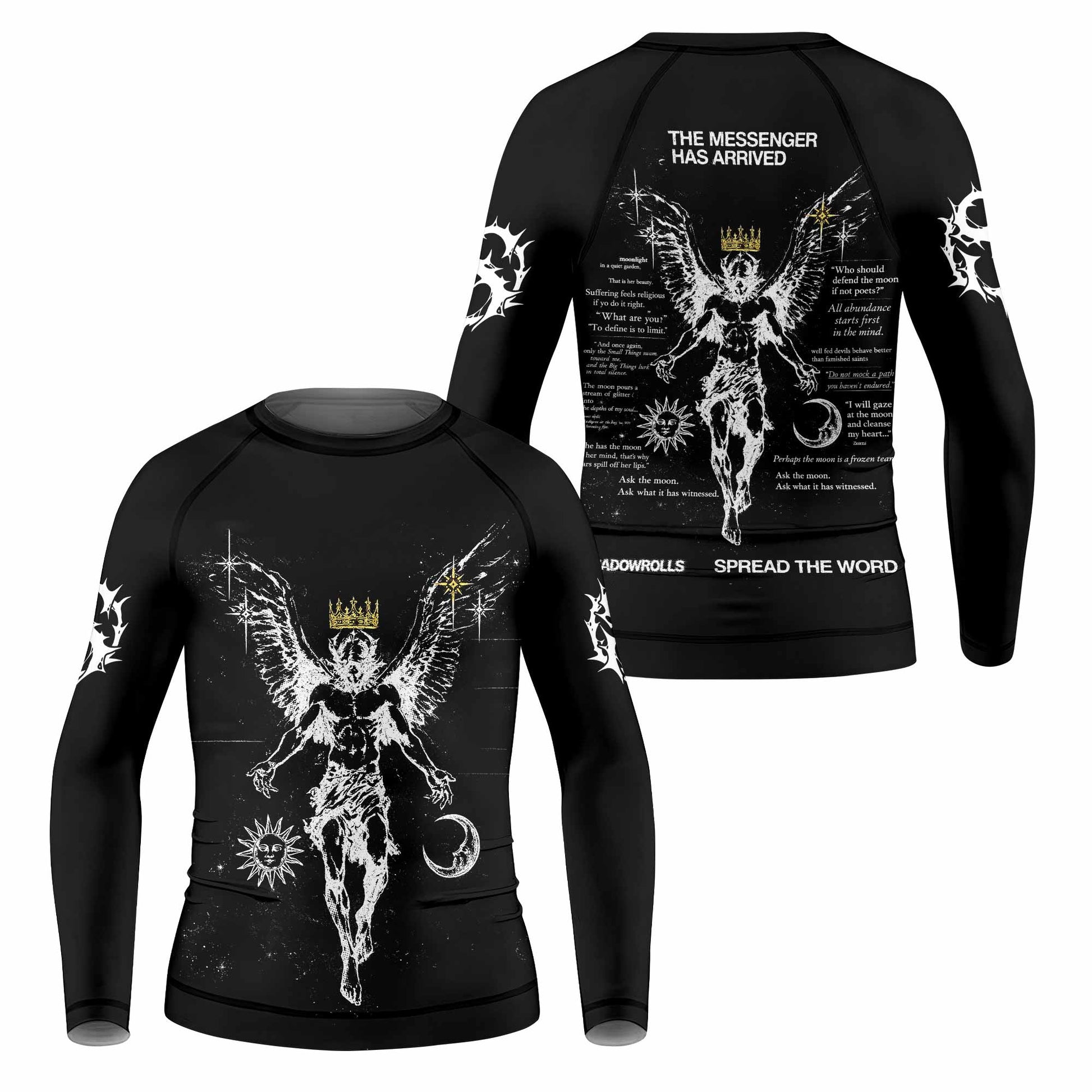 The Messenger Has Arrived Black Kids Rash Guard Long Sleeve - front and back view
