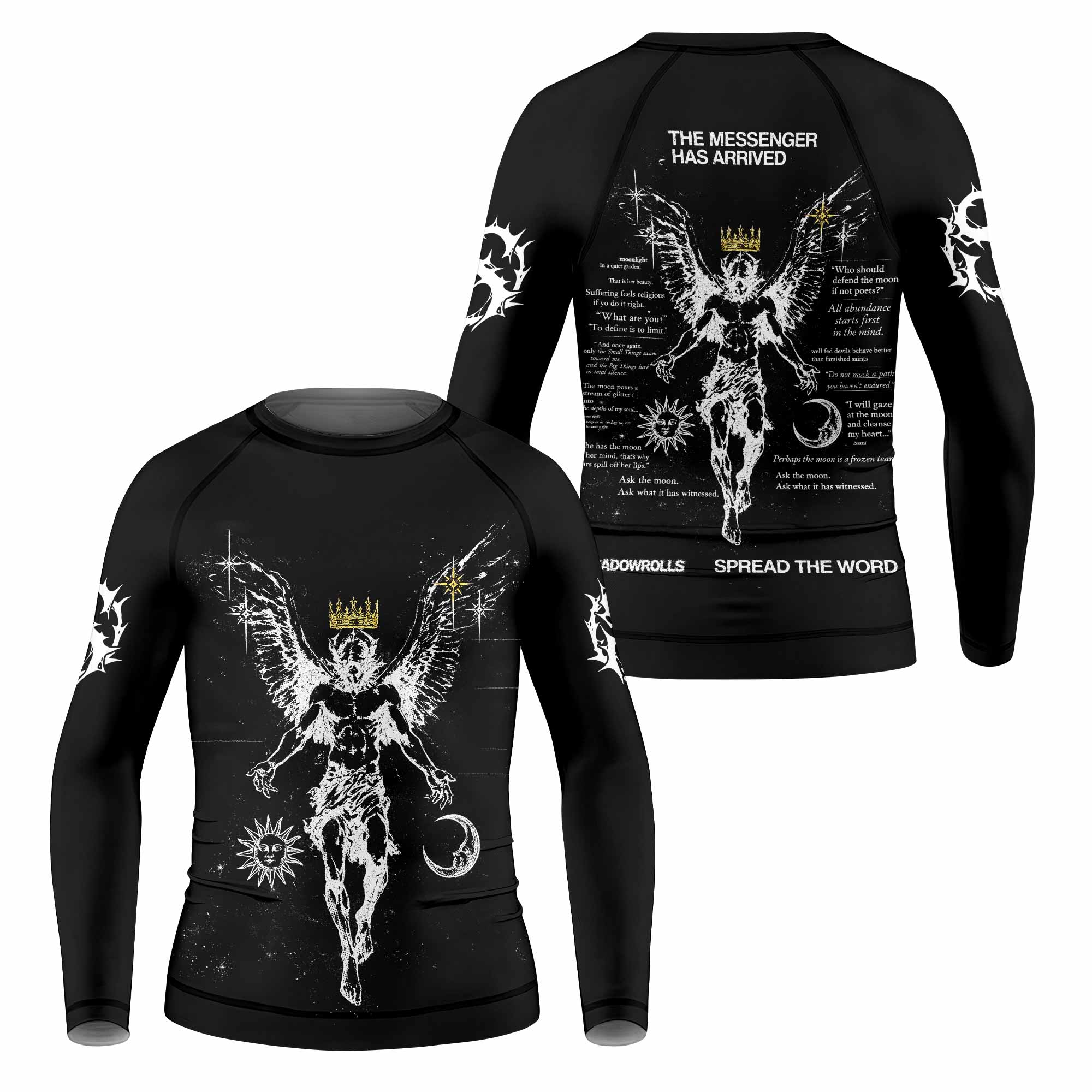 The Messenger Has Arrived Black Kids Rash Guard Long Sleeve - front and back view