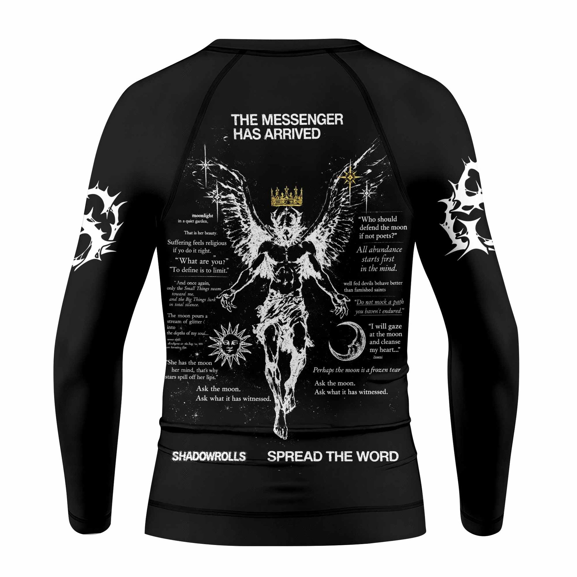 The Messenger Has Arrived Black Kids Rash Guard Long Sleeve - back view mockup