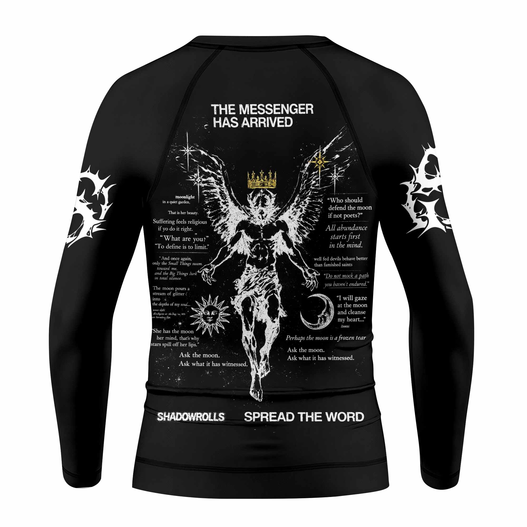 The Messenger Has Arrived Black Kids Rash Guard Long Sleeve - back view mockup