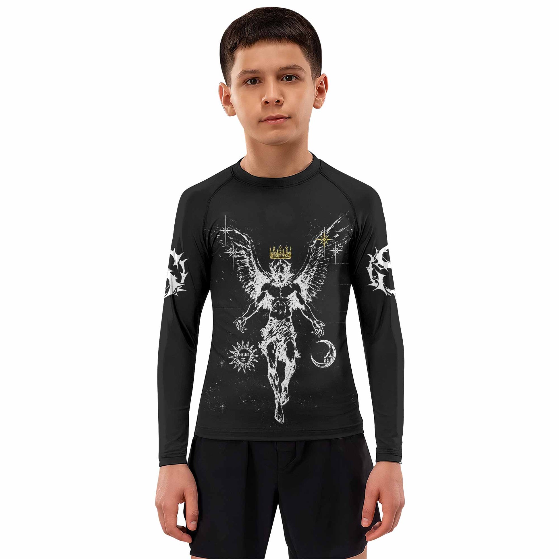 The Messenger Has Arrived Black Kids Rash Guard Long Sleeve - boy's lifestyle view