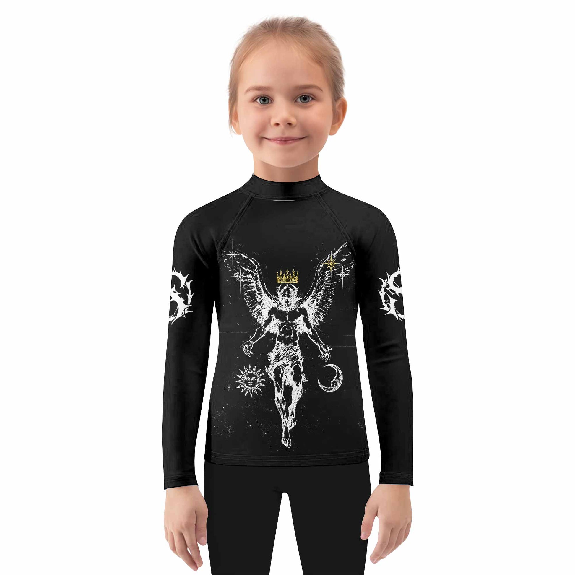 The Messenger Has Arrived Black Kids Rash Guard Long Sleeve - girl's lifestyle view