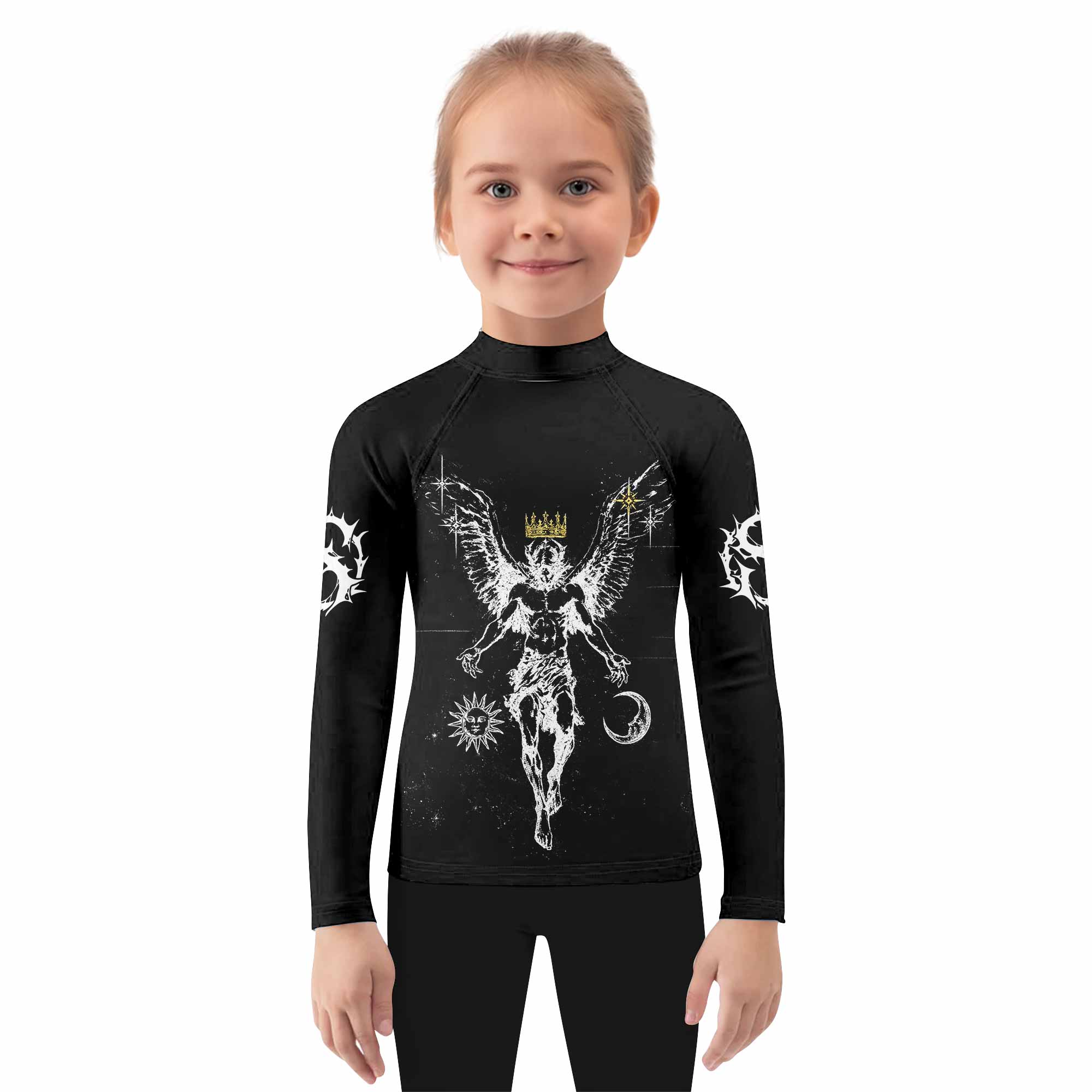 The Messenger Has Arrived Black Kids Rash Guard Long Sleeve - girl's lifestyle view