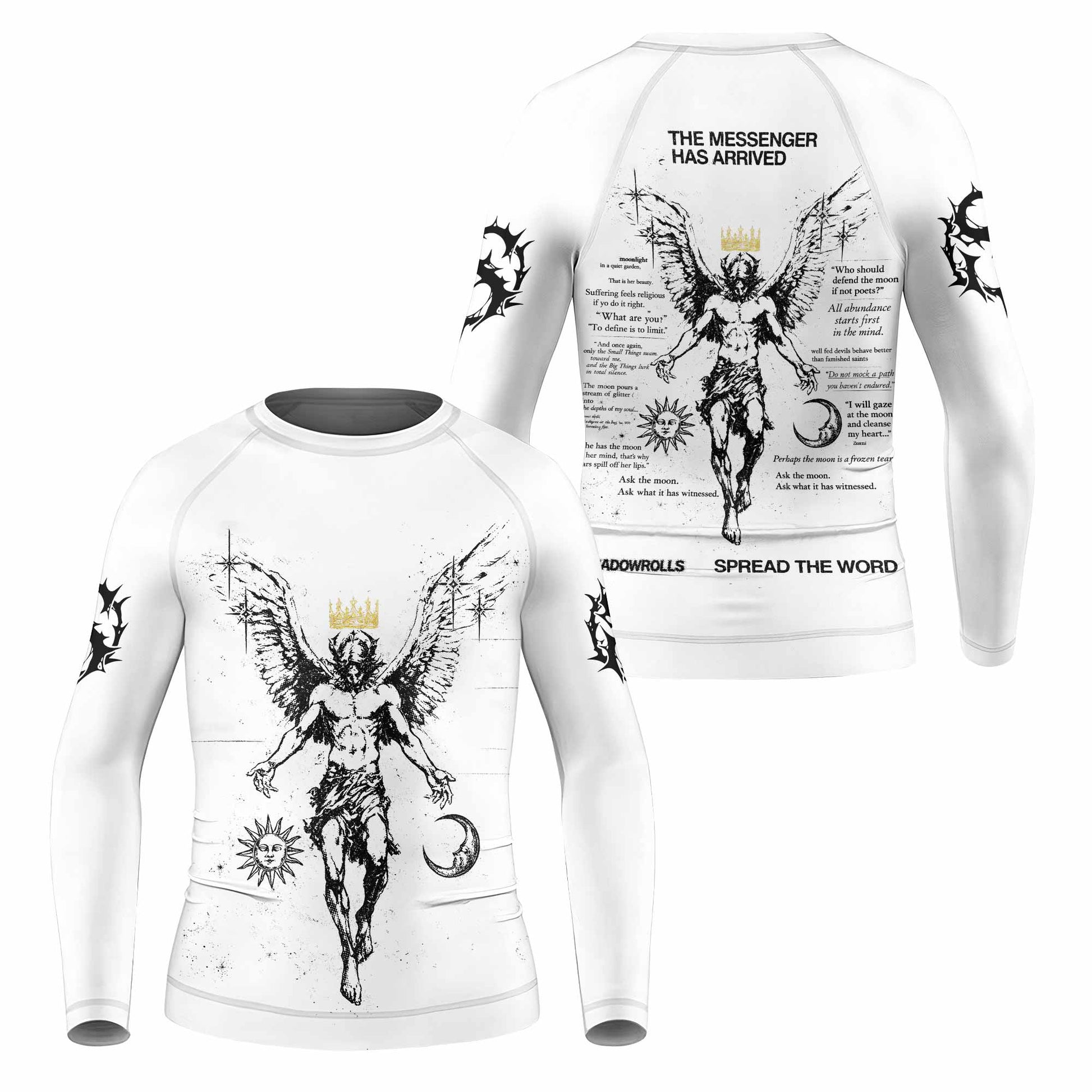 The Messenger Has Arrived White Kids Rash Guard Long Sleeve - front and back view