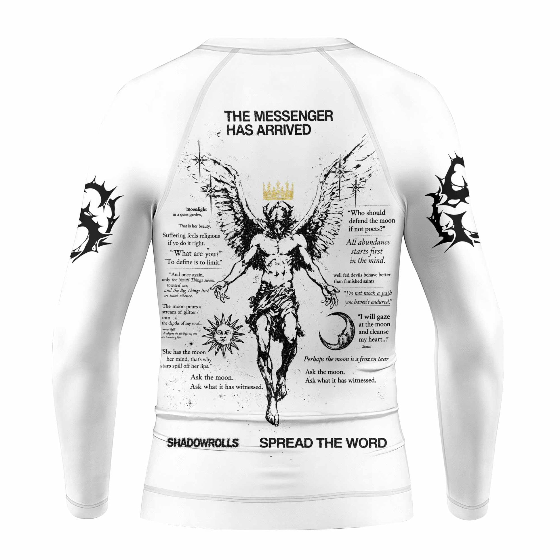 The Messenger Has Arrived White Kids Rash Guard Long Sleeve - back view mockup