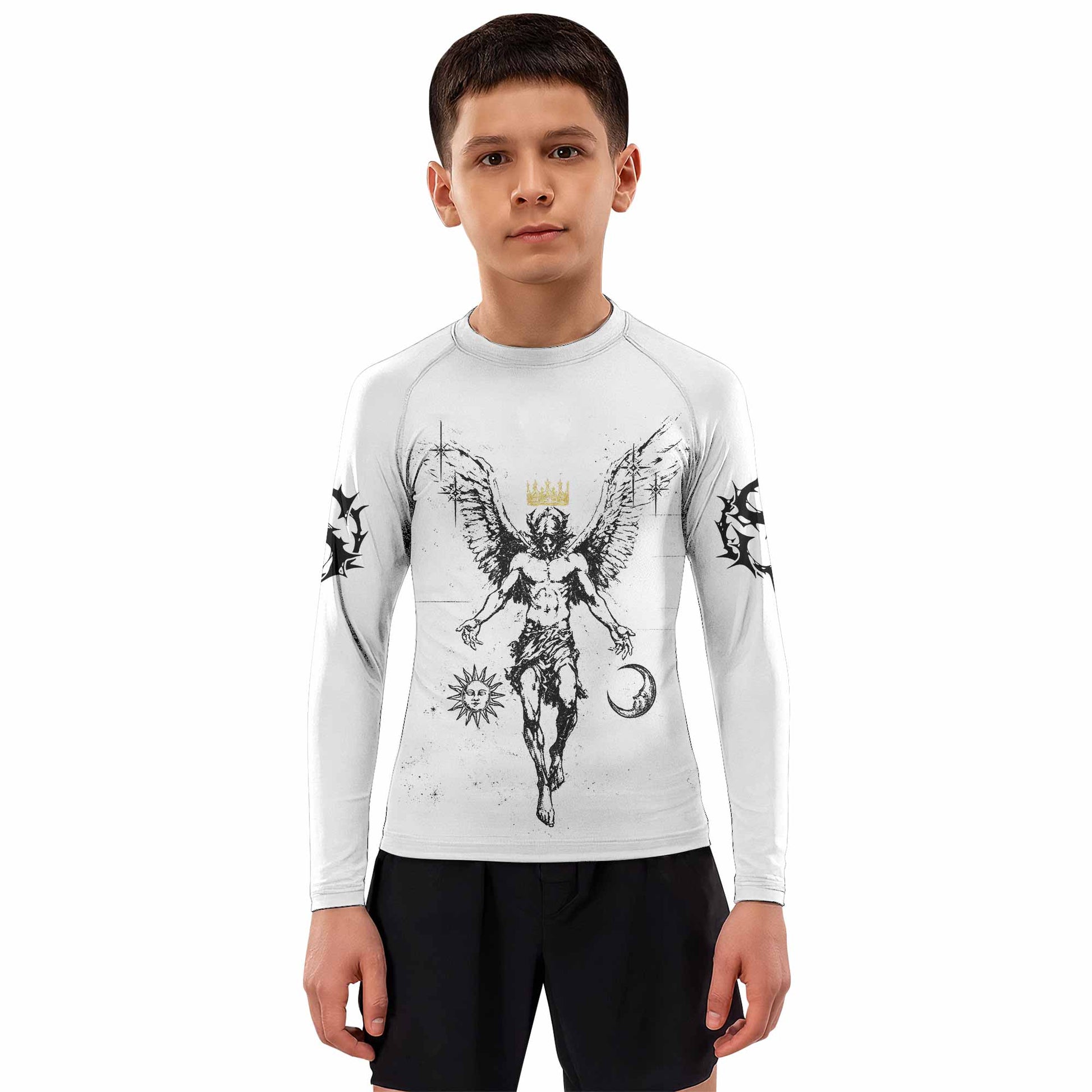 The Messenger Has Arrived White Kids Rash Guard Long Sleeve - boy's lifestyle view