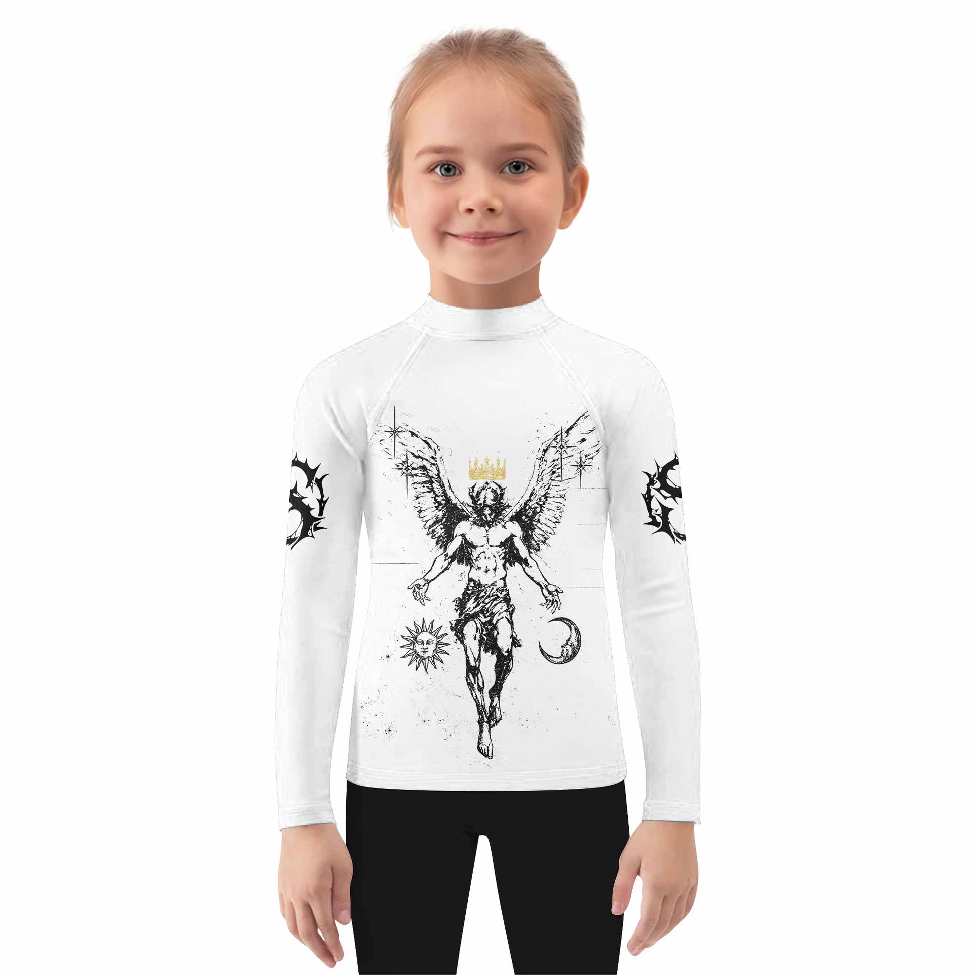 The Messenger Has Arrived White Kids Rash Guard Long Sleeve - girl's lifestyle view