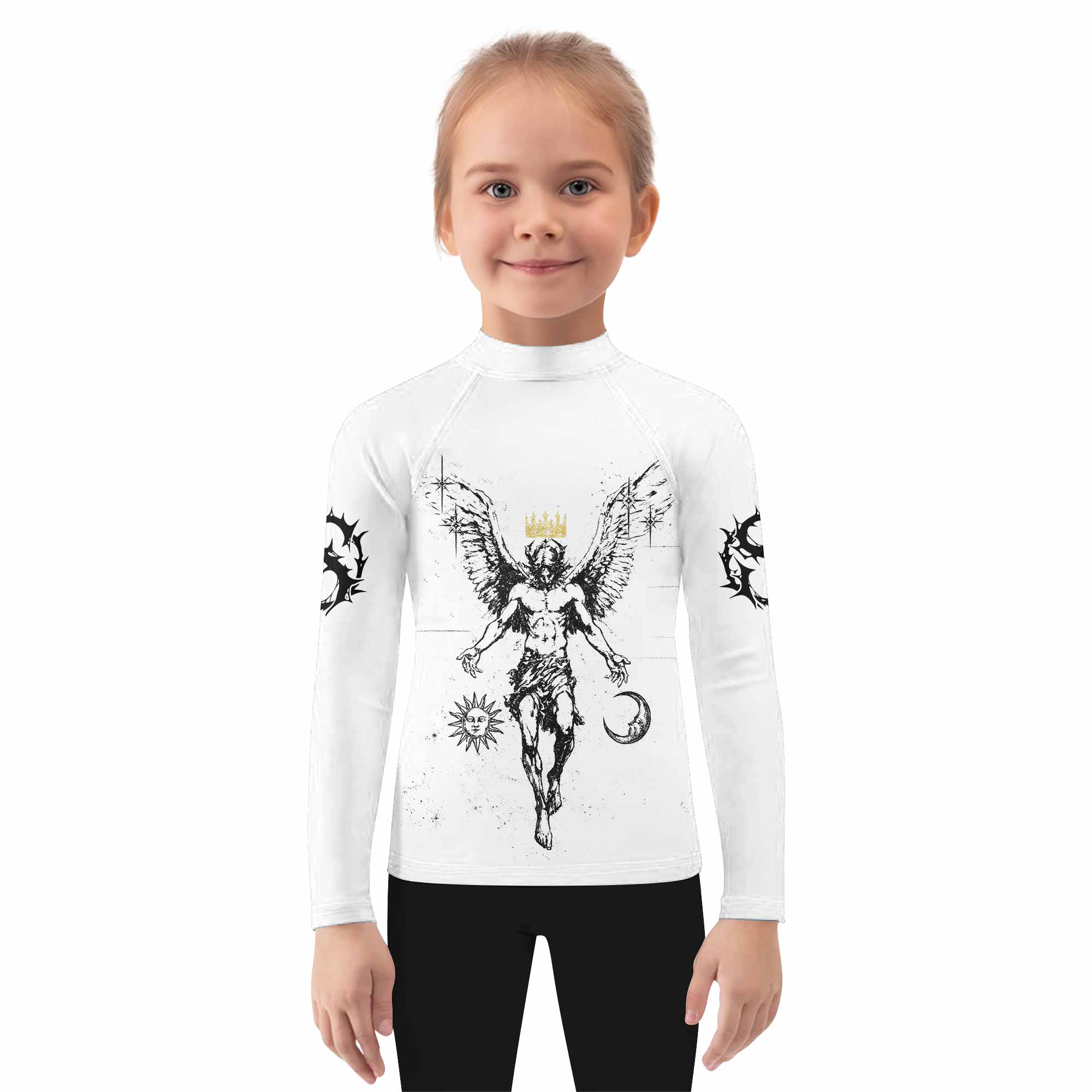 The Messenger Has Arrived White Kids Rash Guard Long Sleeve - girl's lifestyle view