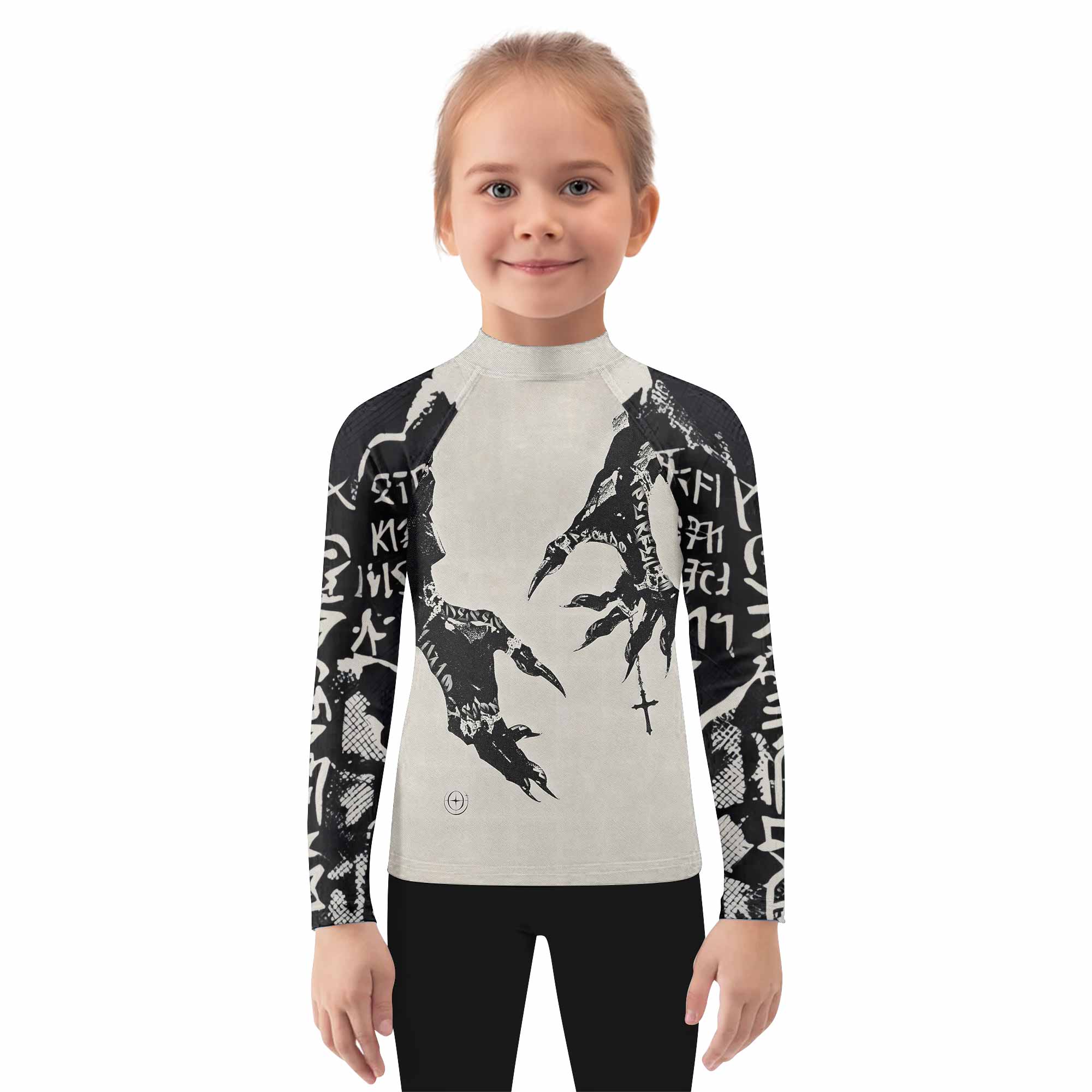 Monster Claw with Cross Kids Rash Guard Long Sleeve - girl's lifestyle view