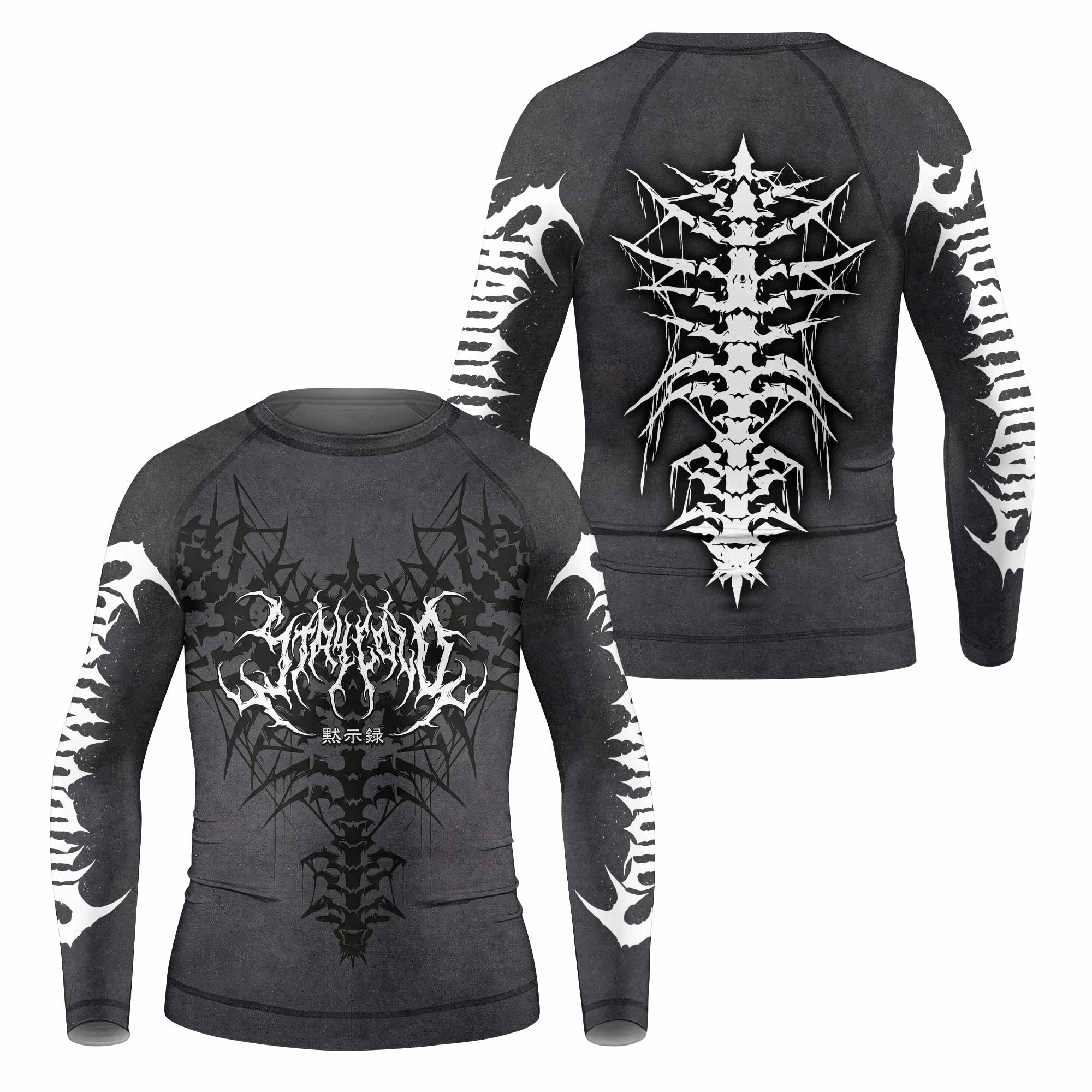 Black Metal Gothic Spine Kids Rash Guard Long Sleeve - front and back view