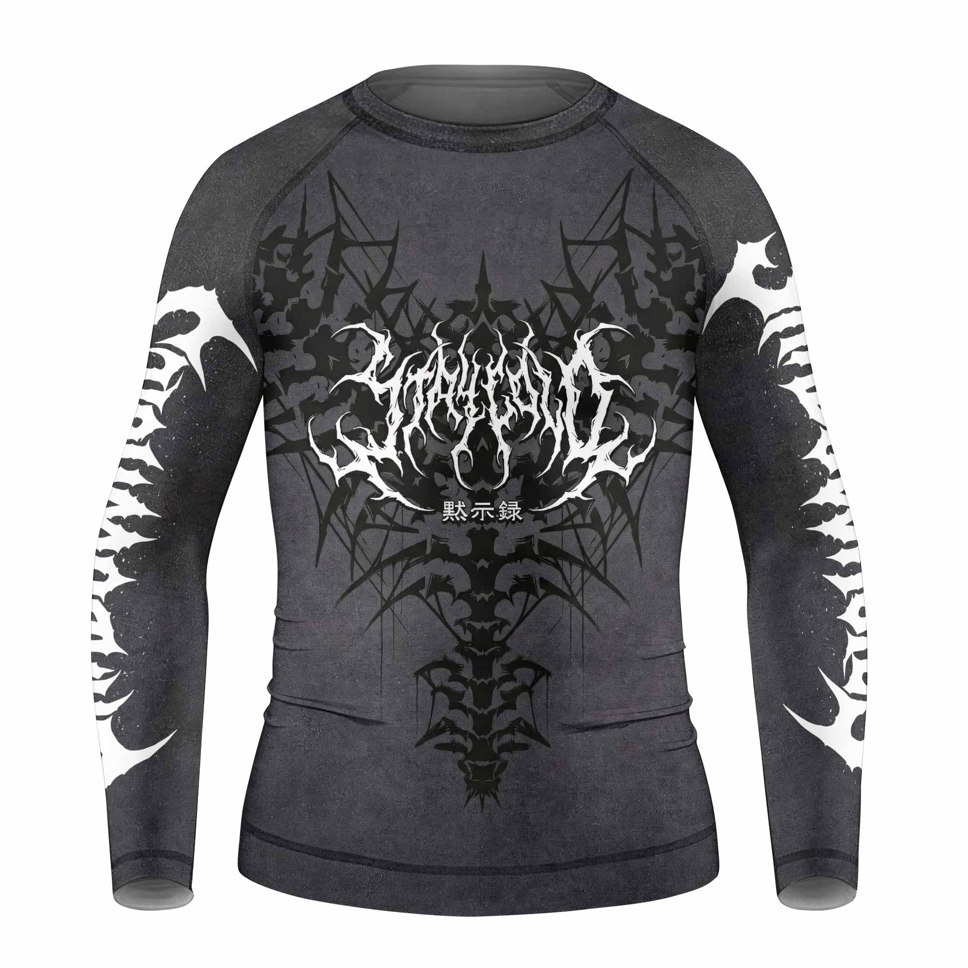 Black Metal Gothic Spine Kids Rash Guard Long Sleeve - front view mockup