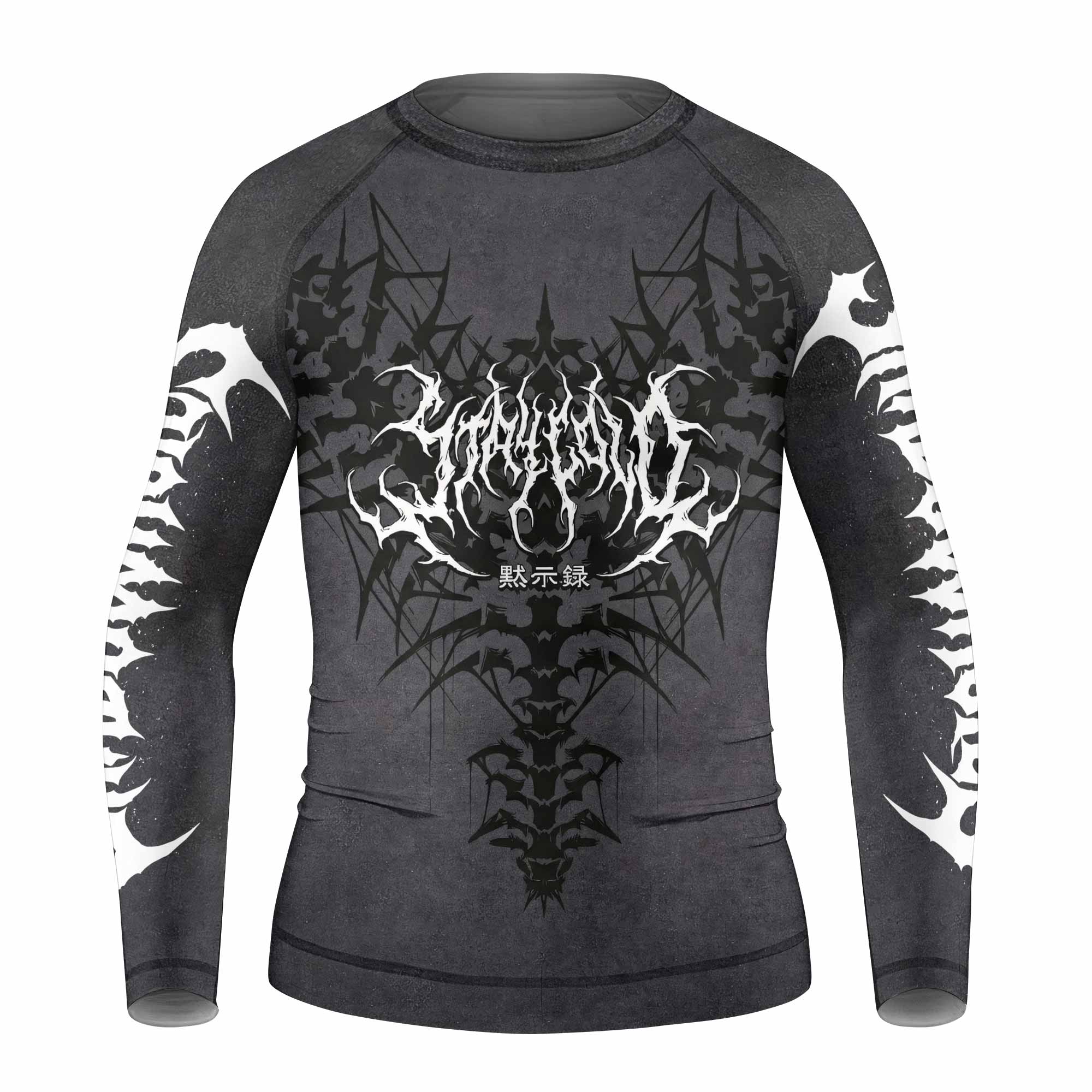 Black Metal Gothic Spine Kids Rash Guard Long Sleeve - front view mockup