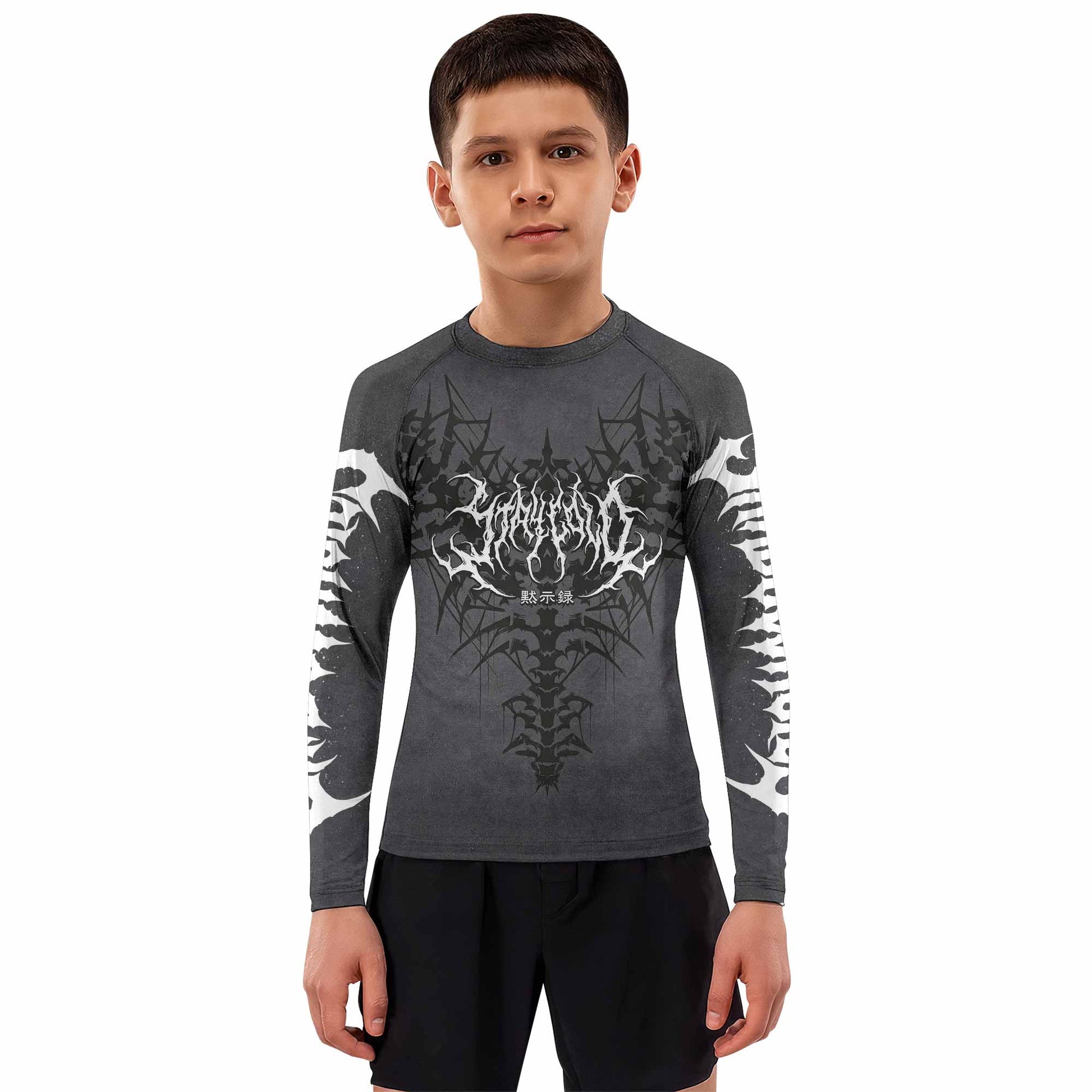 Black Metal Gothic Spine Kids Rash Guard Long Sleeve - boy's lifestyle view