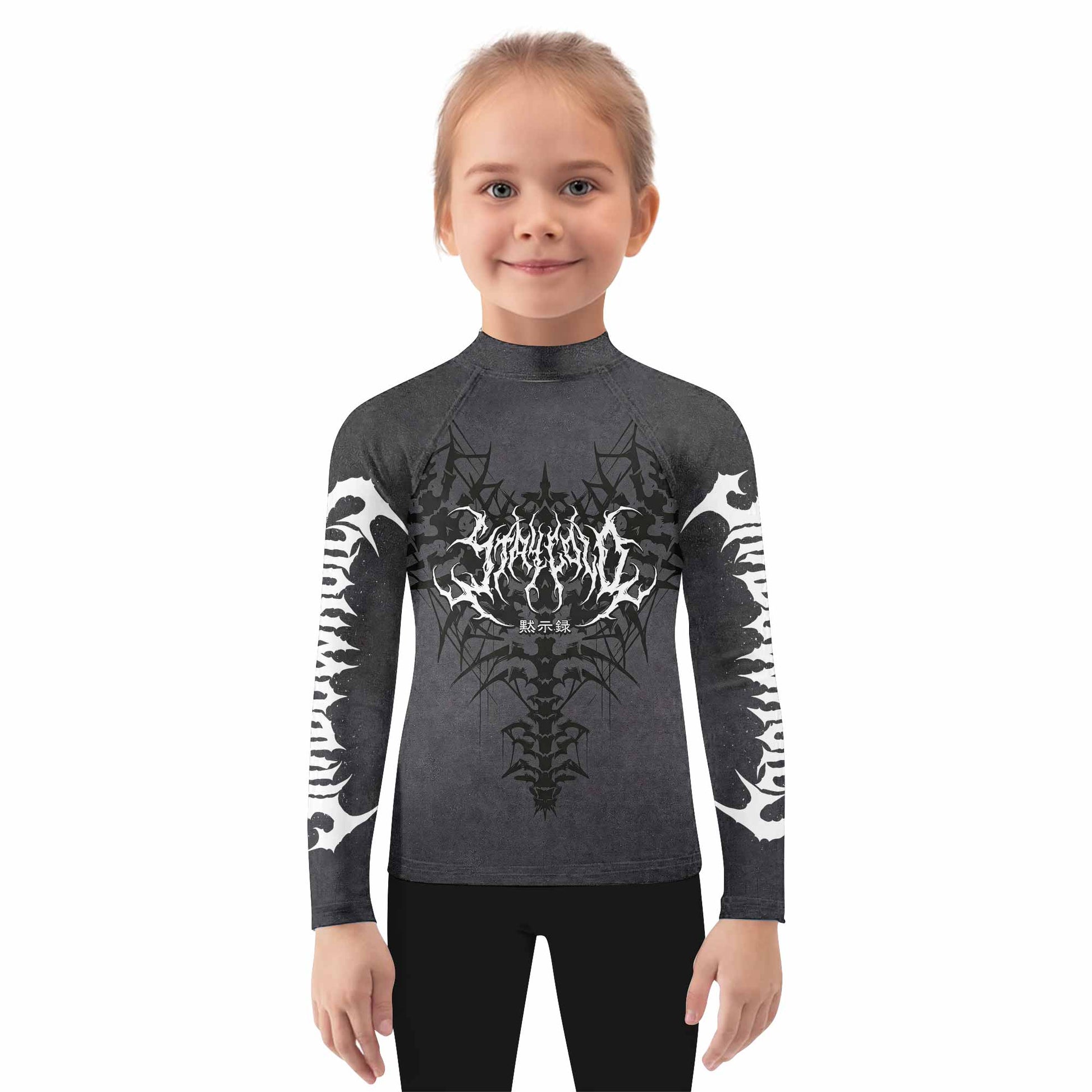 Black Metal Gothic Spine Kids Rash Guard Long Sleeve - girl's lifestyle view