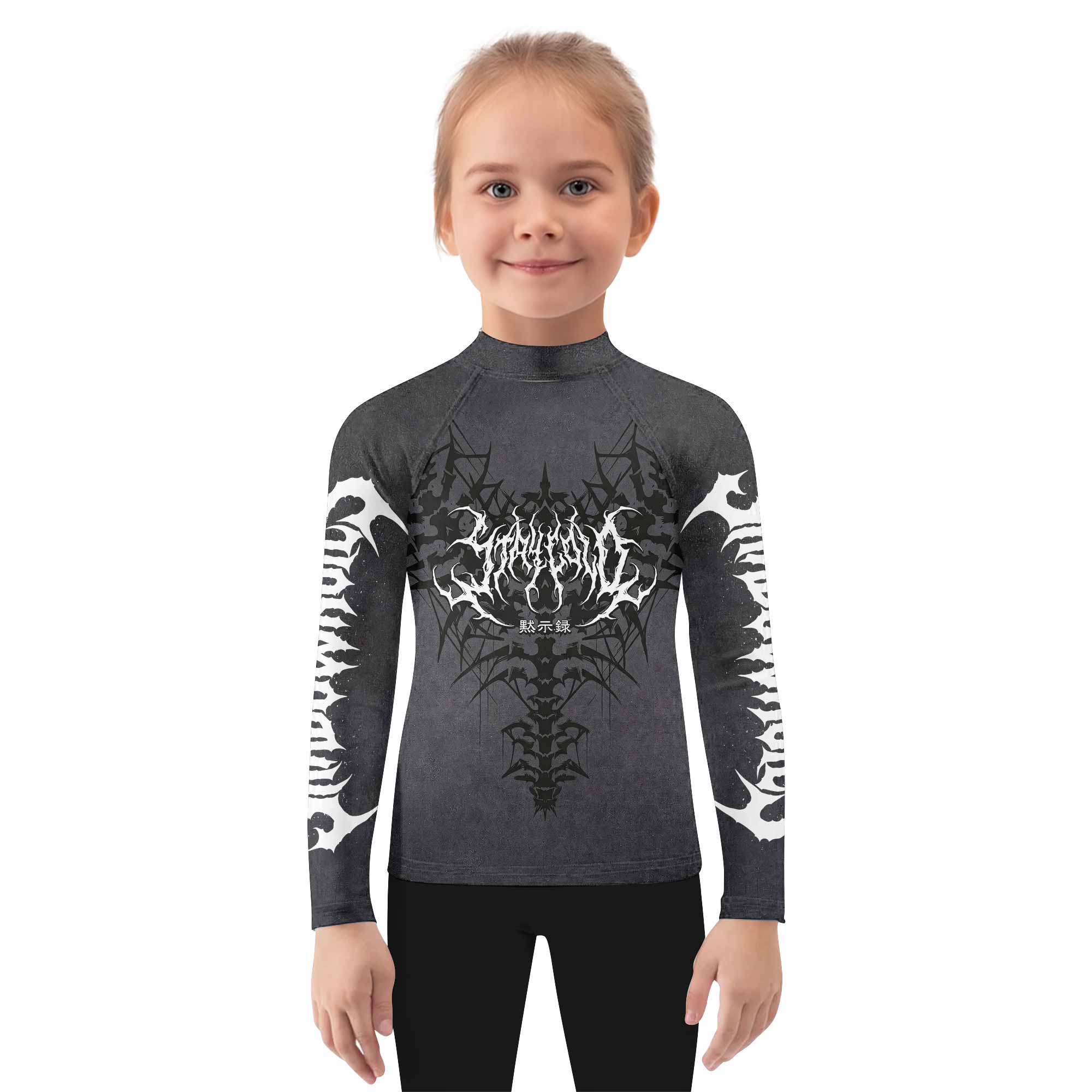 Black Metal Gothic Spine Kids Rash Guard Long Sleeve - girl's lifestyle view