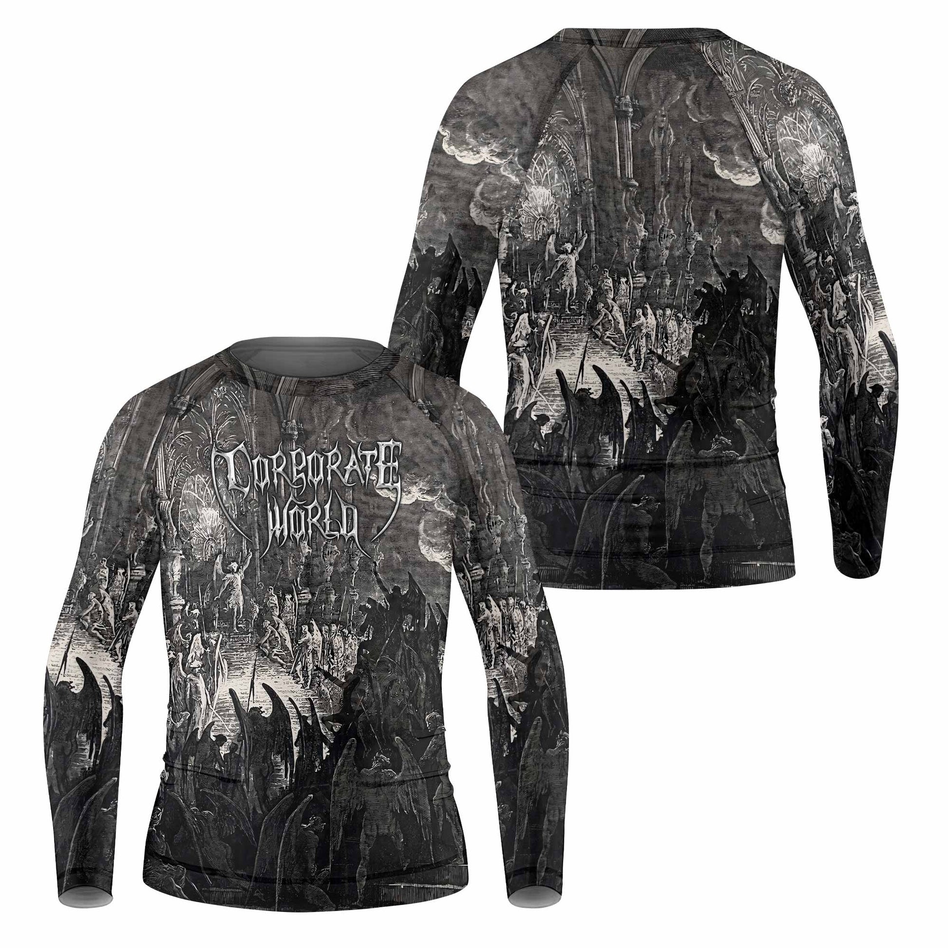 Corporate World Paradise Lost Kids Rash Guard Long Sleeve - front and back view