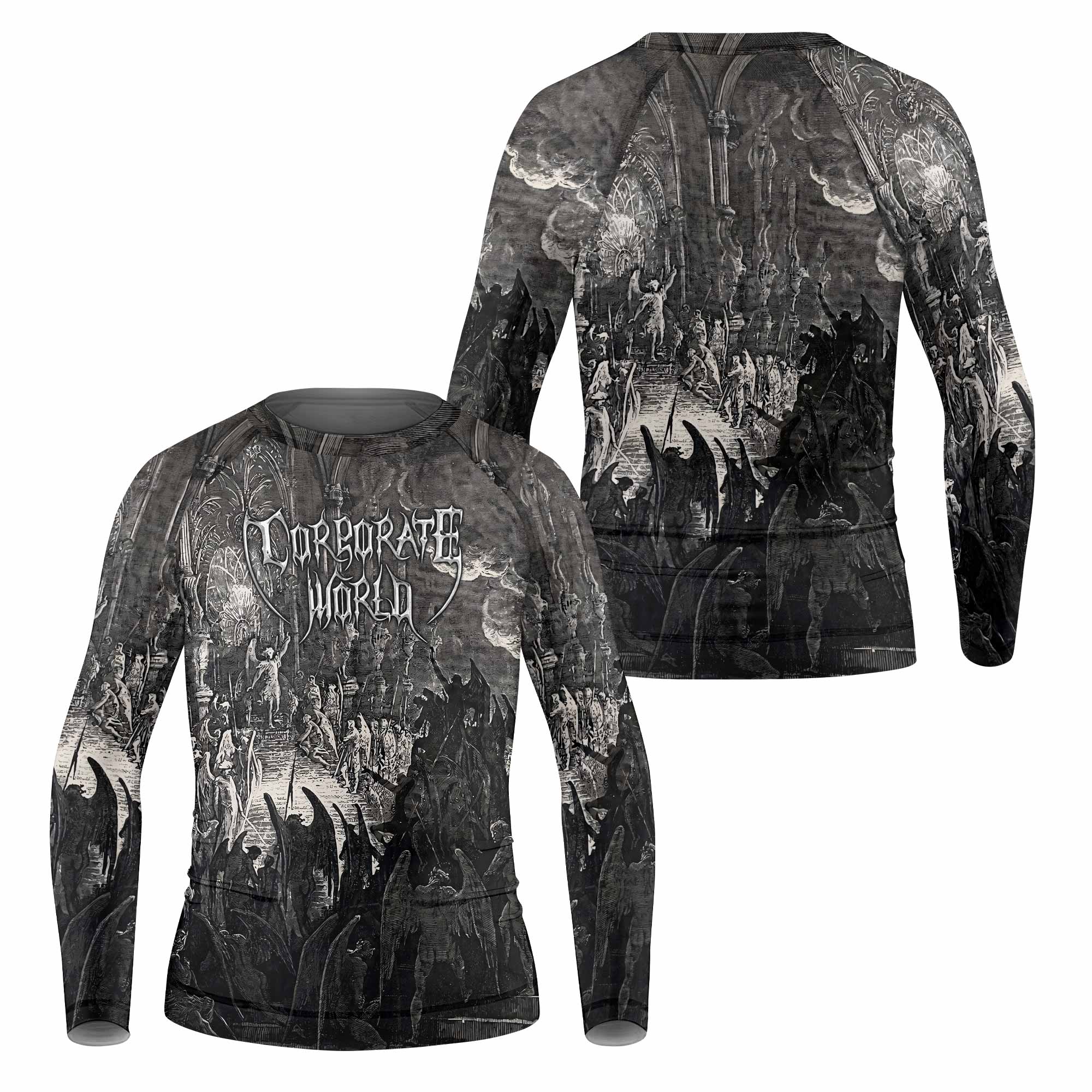 Corporate World Paradise Lost Kids Rash Guard Long Sleeve - front and back view