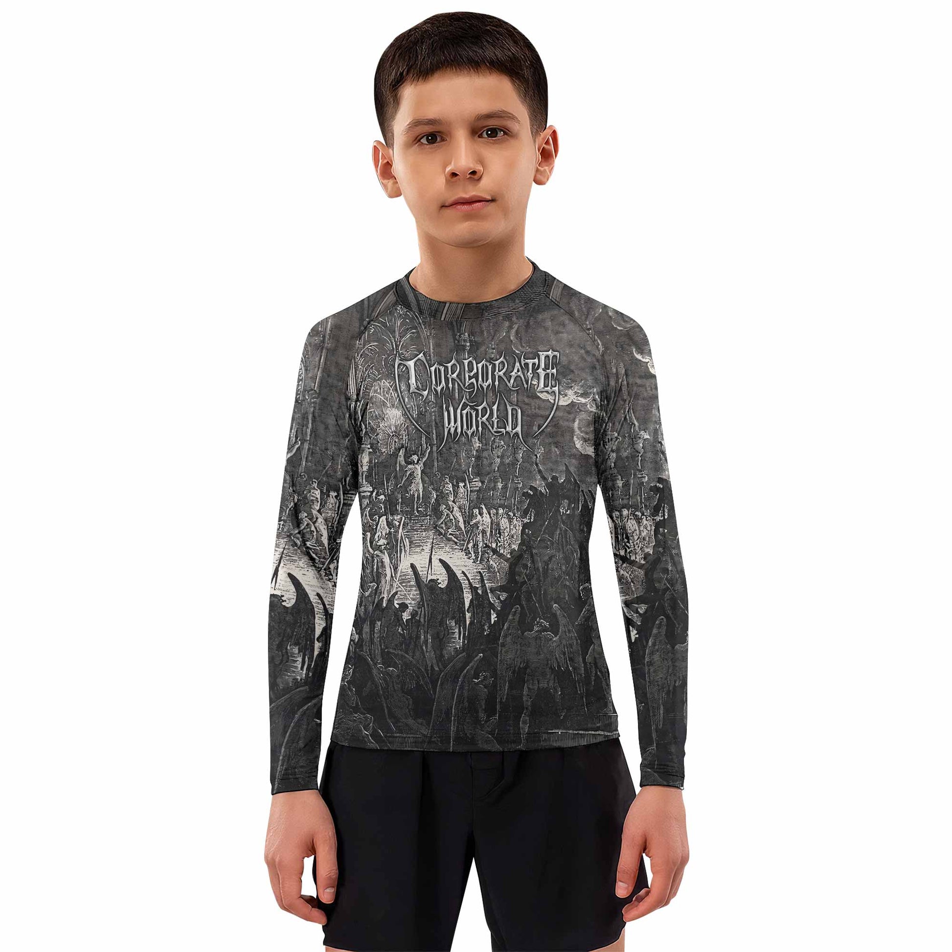 Corporate World Paradise Lost Kids Rash Guard Long Sleeve - boy's lifestyle view