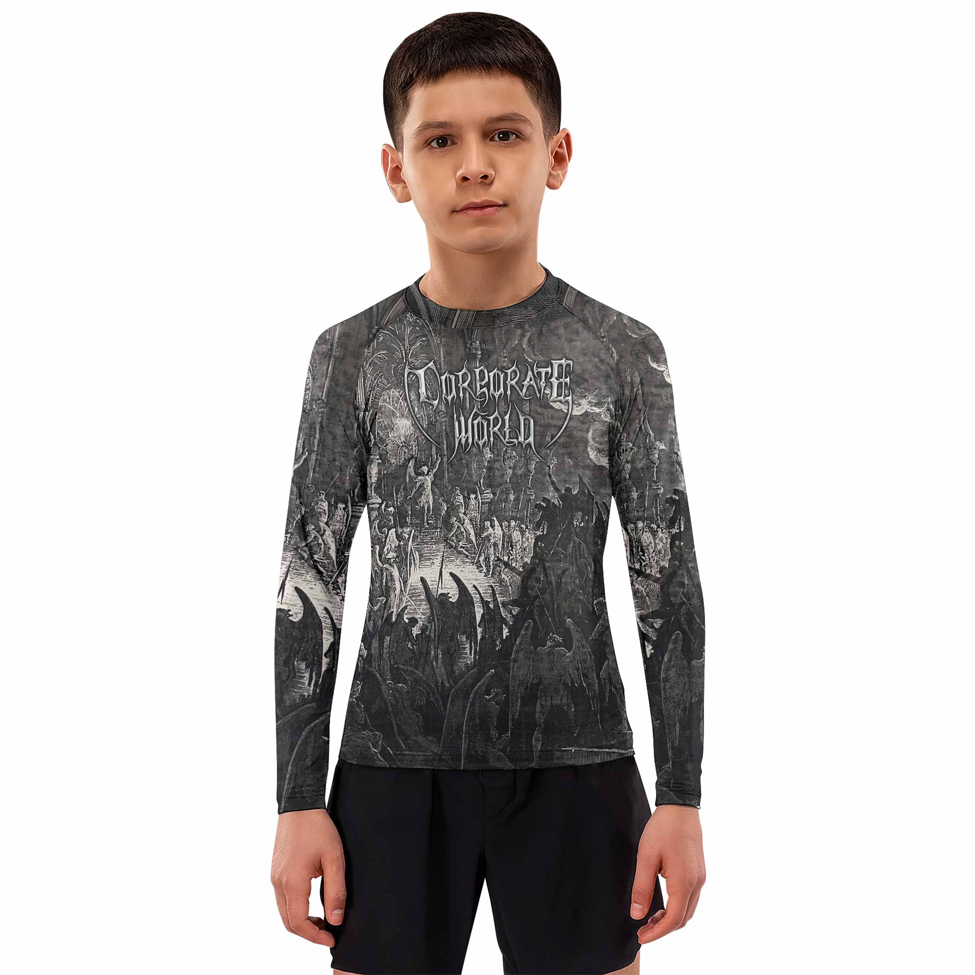 Corporate World Paradise Lost Kids Rash Guard Long Sleeve - boy's lifestyle view