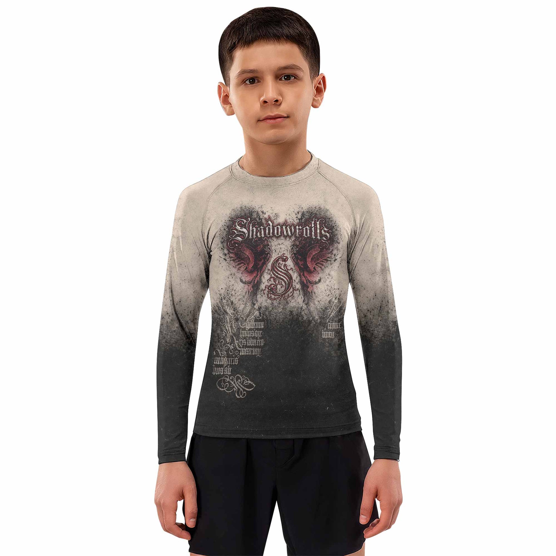 Grunge Smoke Gothic Kids Rash Guard Long Sleeve - boy's lifestyle view