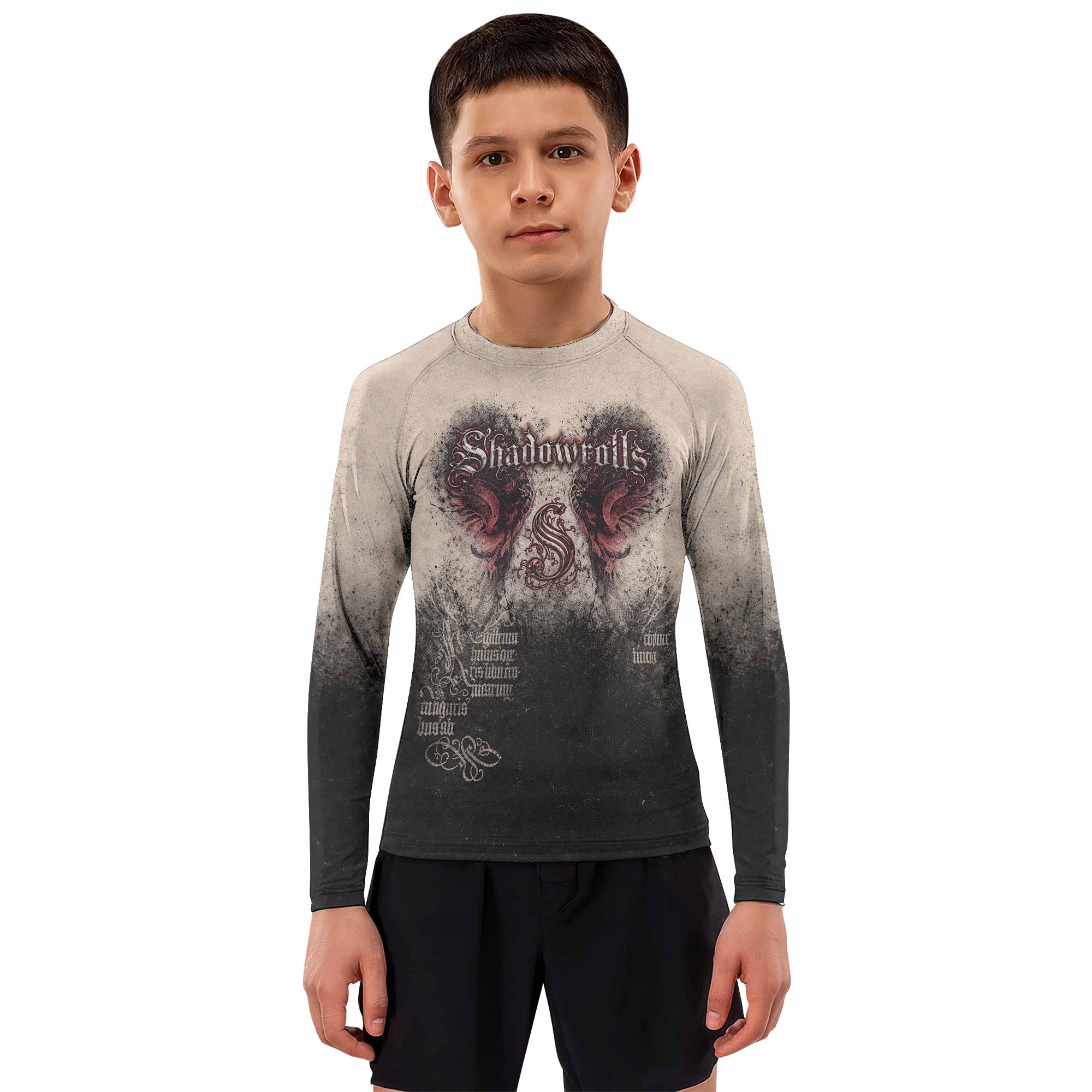 Grunge Smoke Gothic Kids Rash Guard Long Sleeve - boy's lifestyle view