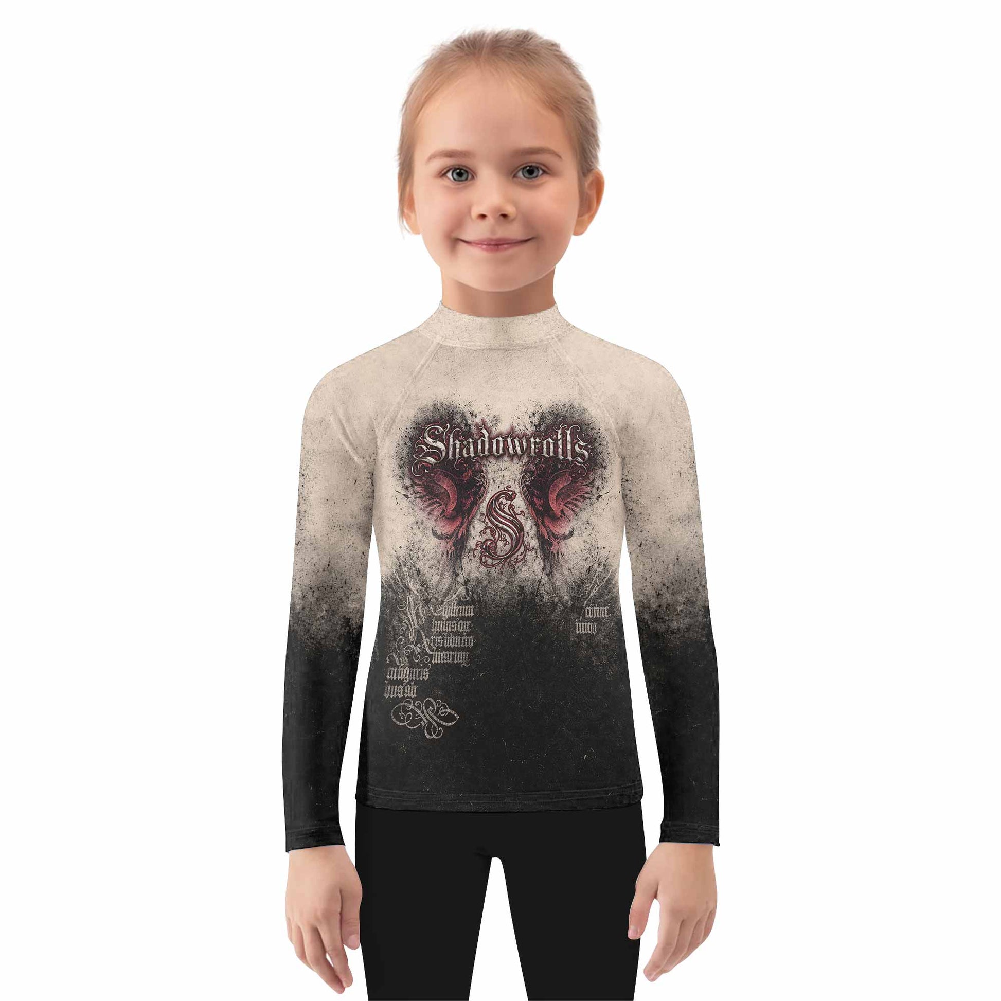 Grunge Smoke Gothic Kids Rash Guard Long Sleeve - girl's lifestyle view