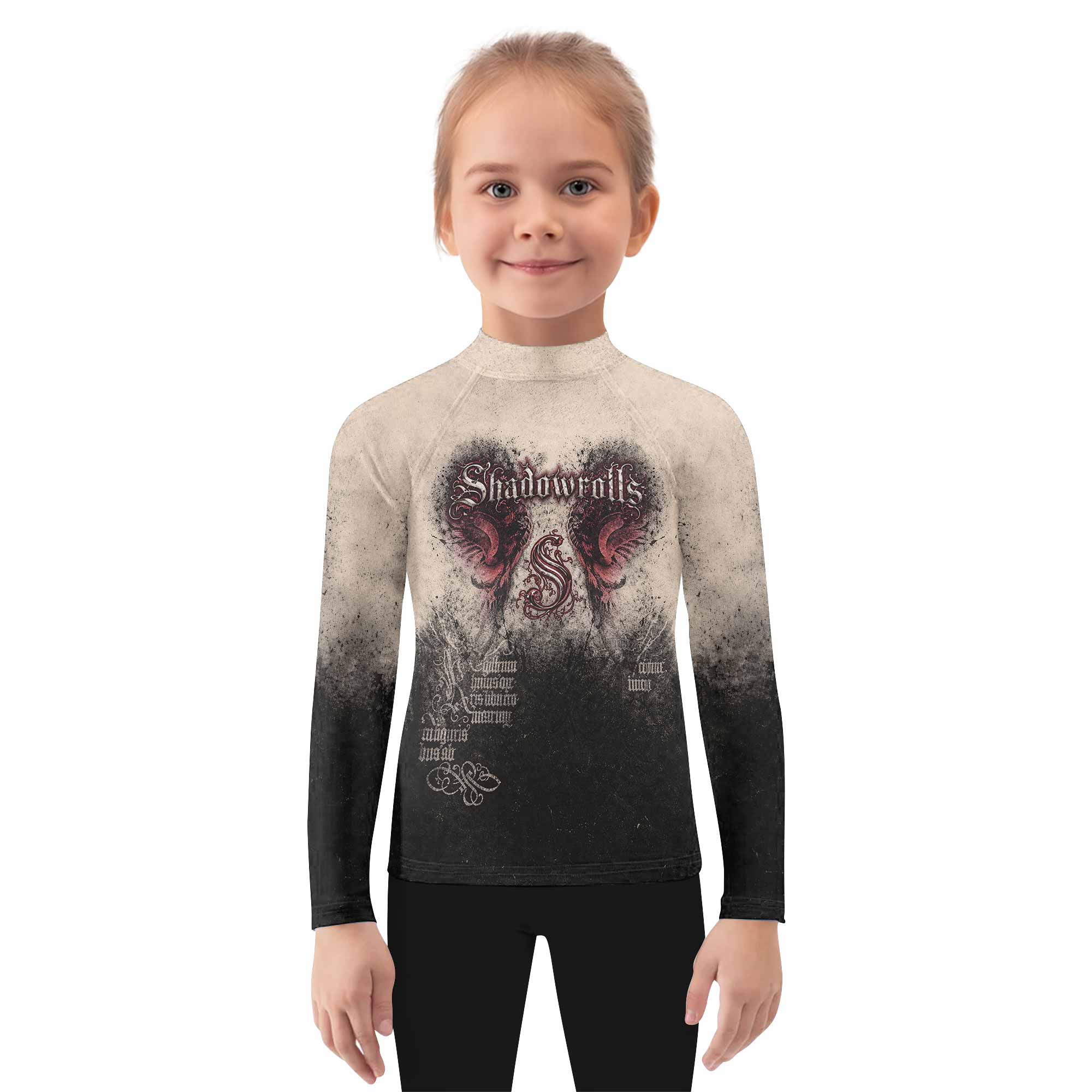 Grunge Smoke Gothic Kids Rash Guard Long Sleeve - girl's lifestyle view