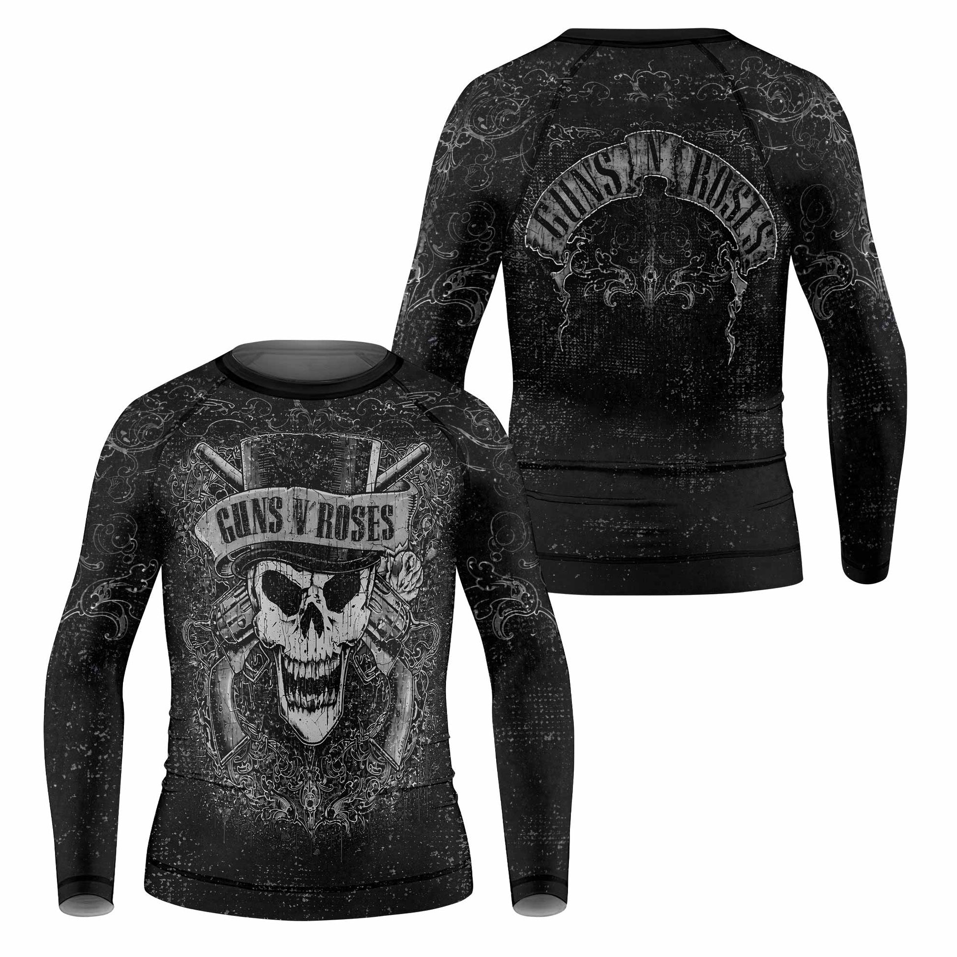 Guns N' Roses Skull Kids Rash Guard Long Sleeve - front and back view