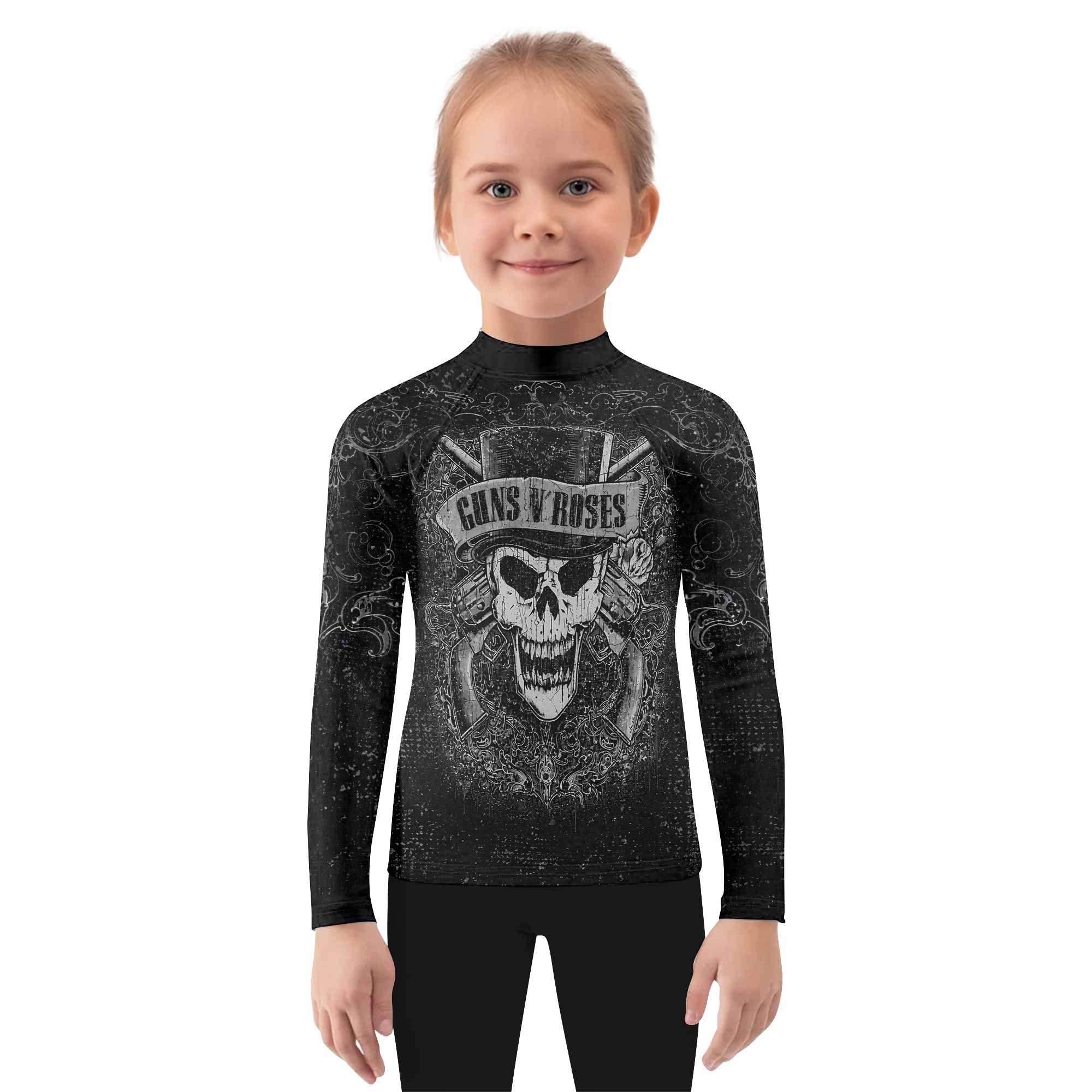 Guns N' Roses Skull Kids Rash Guard Long Sleeve - girl's lifestyle view