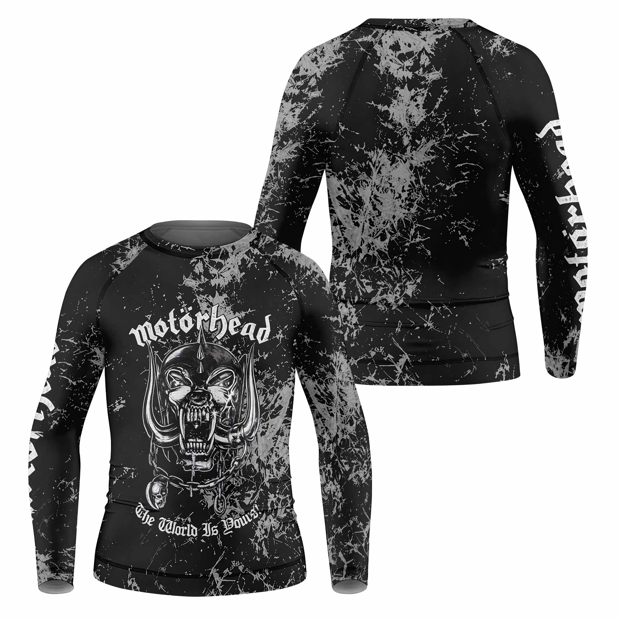 Motörhead The Wörld Is Yours Kids Rash Guard Long Sleeve - front and back view