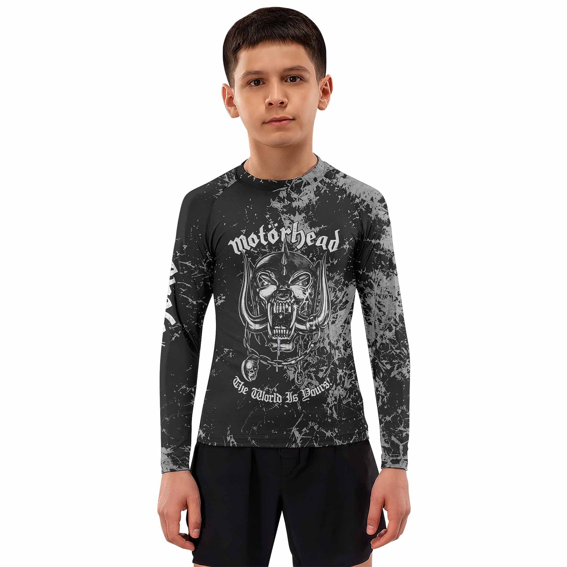 Motörhead The Wörld Is Yours Kids Rash Guard Long Sleeve - boy's lifestyle view