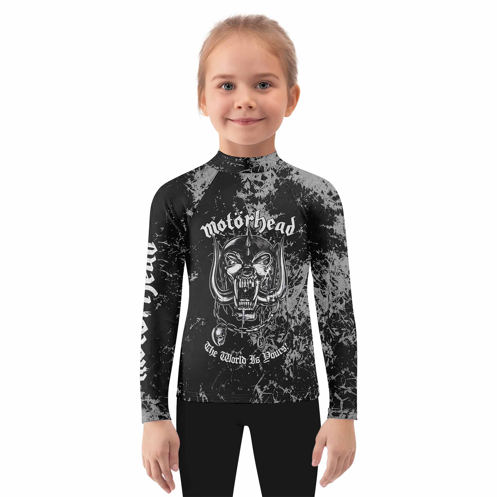 Motörhead The Wörld Is Yours Kids Rash Guard Long Sleeve - girl's lifestyle view