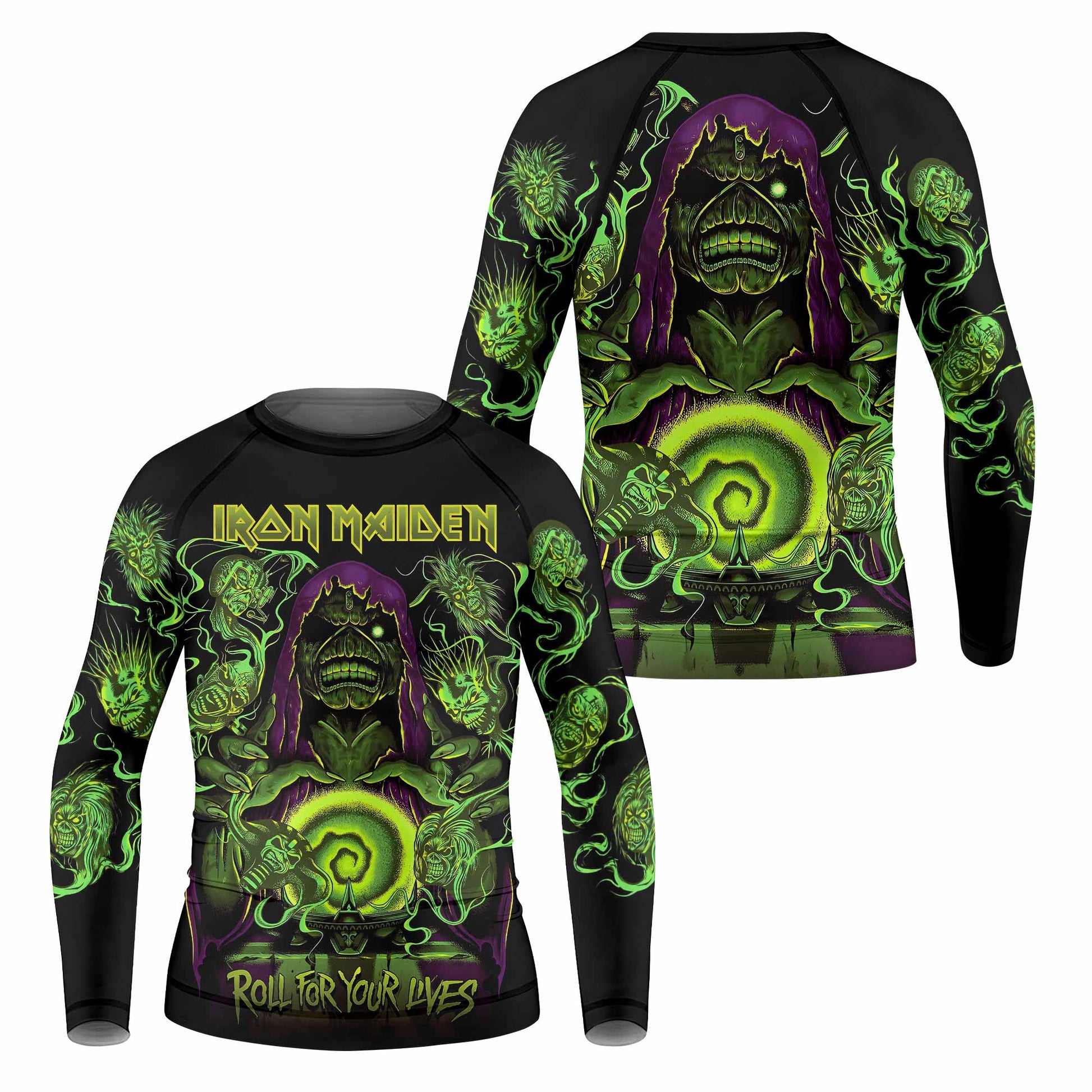 Iron Maiden Run For Your Lives Kids Rash Guard Long Sleeve - front and back view