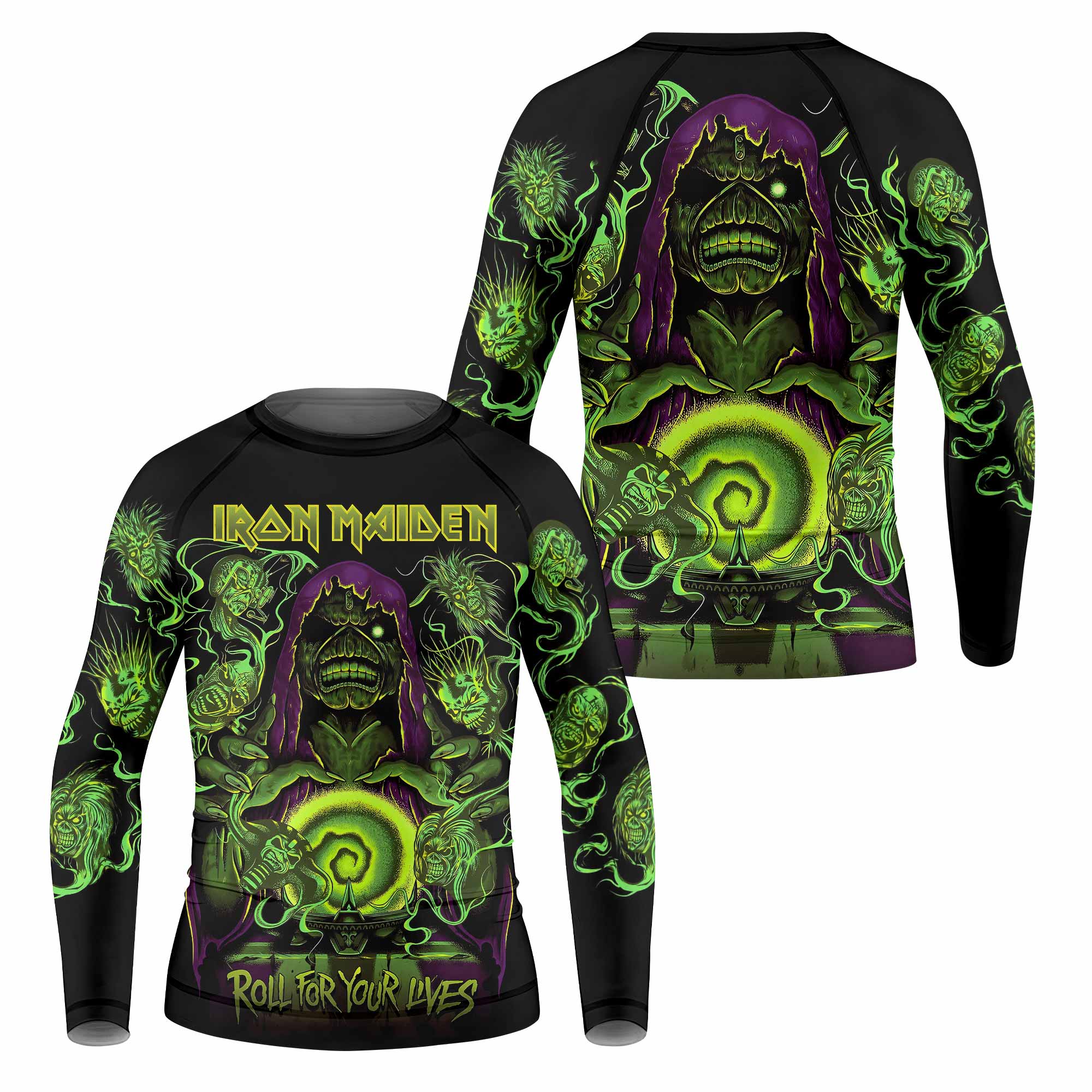 Iron Maiden Run For Your Lives Kids Rash Guard Long Sleeve - front and back view