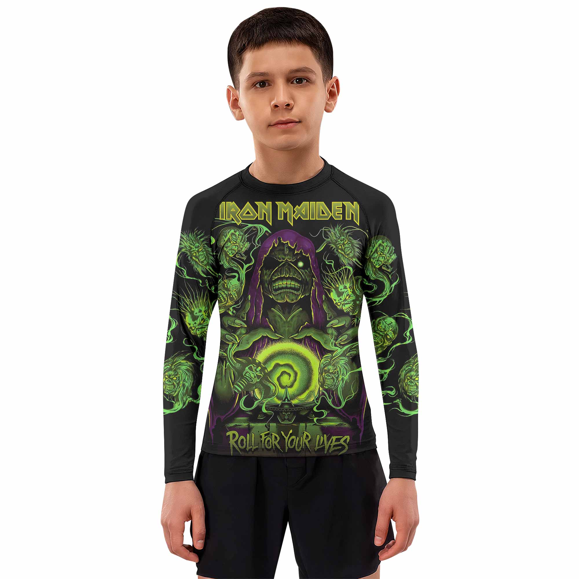 Iron Maiden Run For Your Lives Kids Rash Guard Long Sleeve - boy's lifestyle view