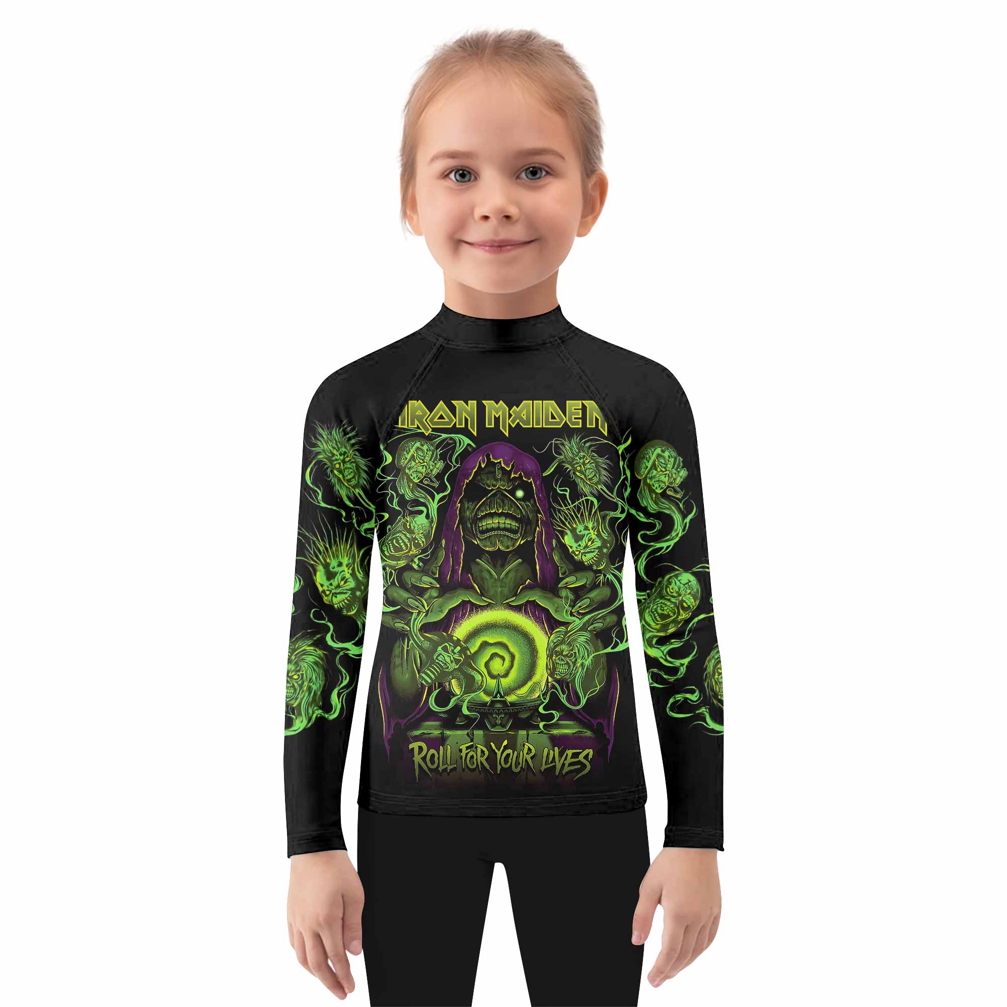 Iron Maiden Run For Your Lives Kids Rash Guard Long Sleeve - girl's lifestyle view