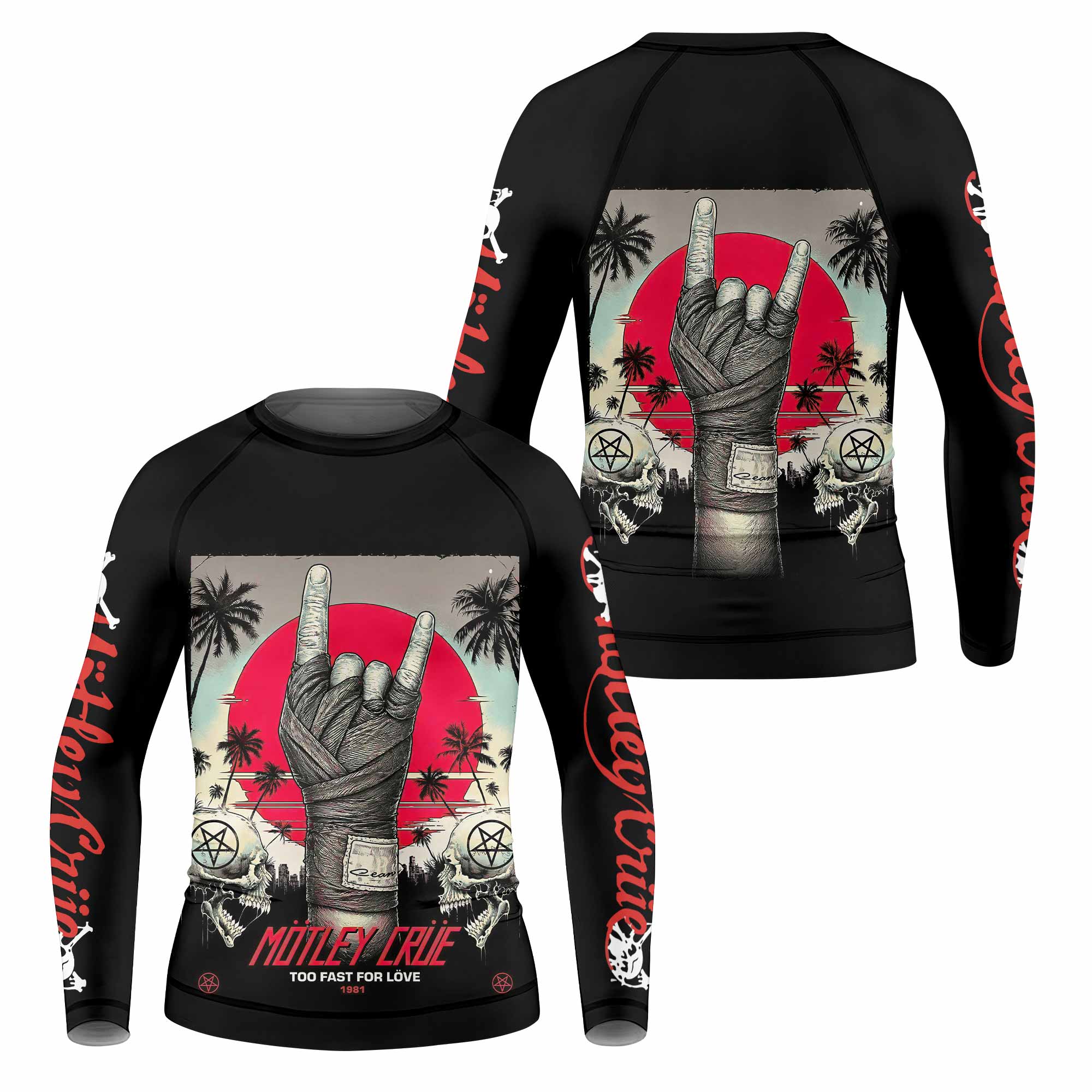 Mötley Crüe Too Fast for Love Kids Rash Guard Long Sleeve - front and back view