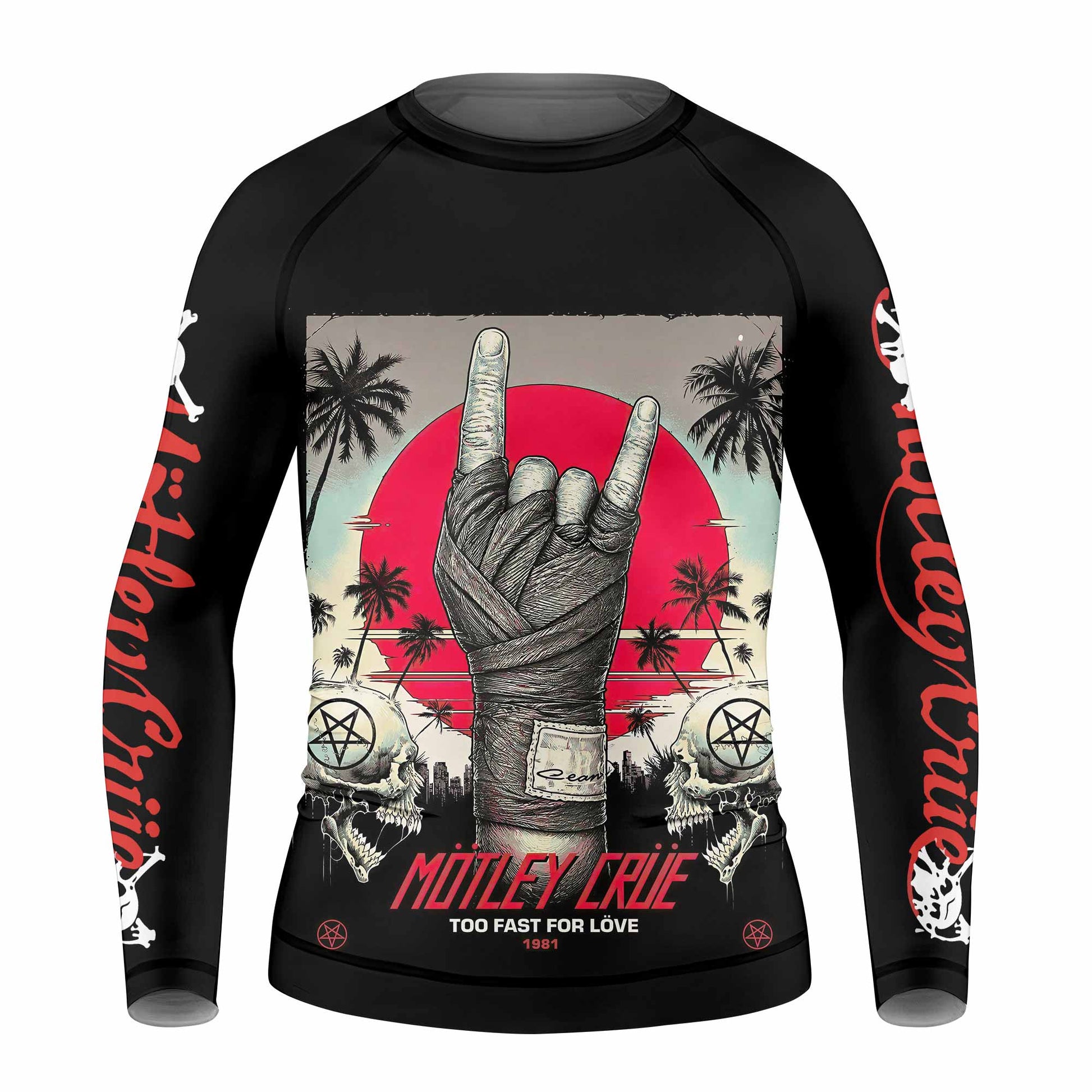 Mötley Crüe Too Fast for Love Kids Rash Guard Long Sleeve - front view mockup