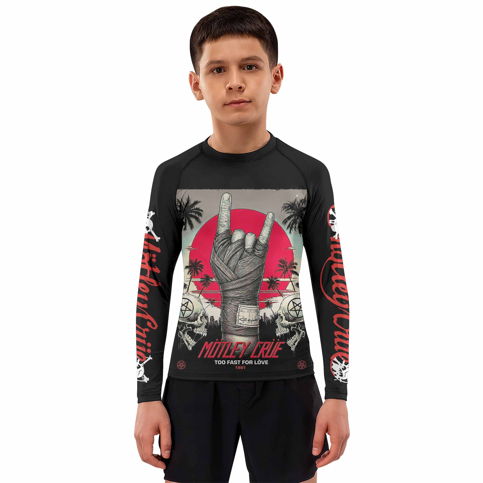 Mötley Crüe Too Fast for Love Kids Rash Guard Long Sleeve - boy's lifestyle view